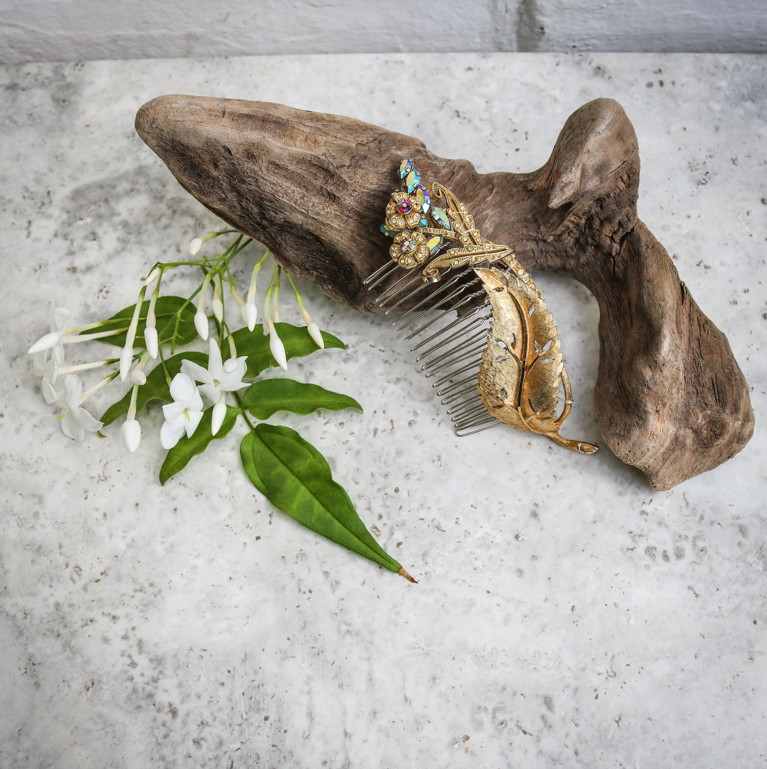 Gold Vintage Brooch Crystal Hair Comb