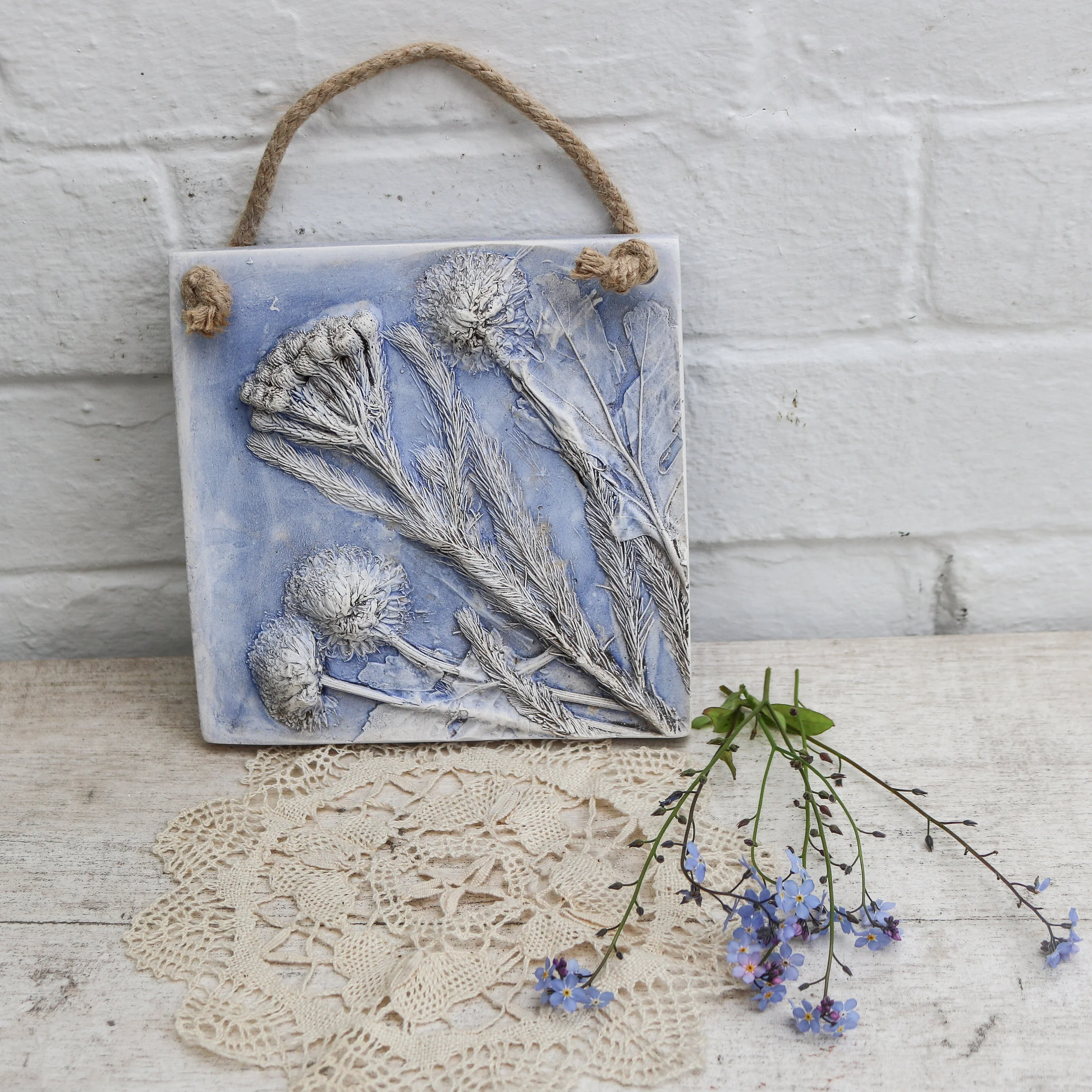 Square Heather &amp; Rhodanthus Botanical Cast Wall Hanging