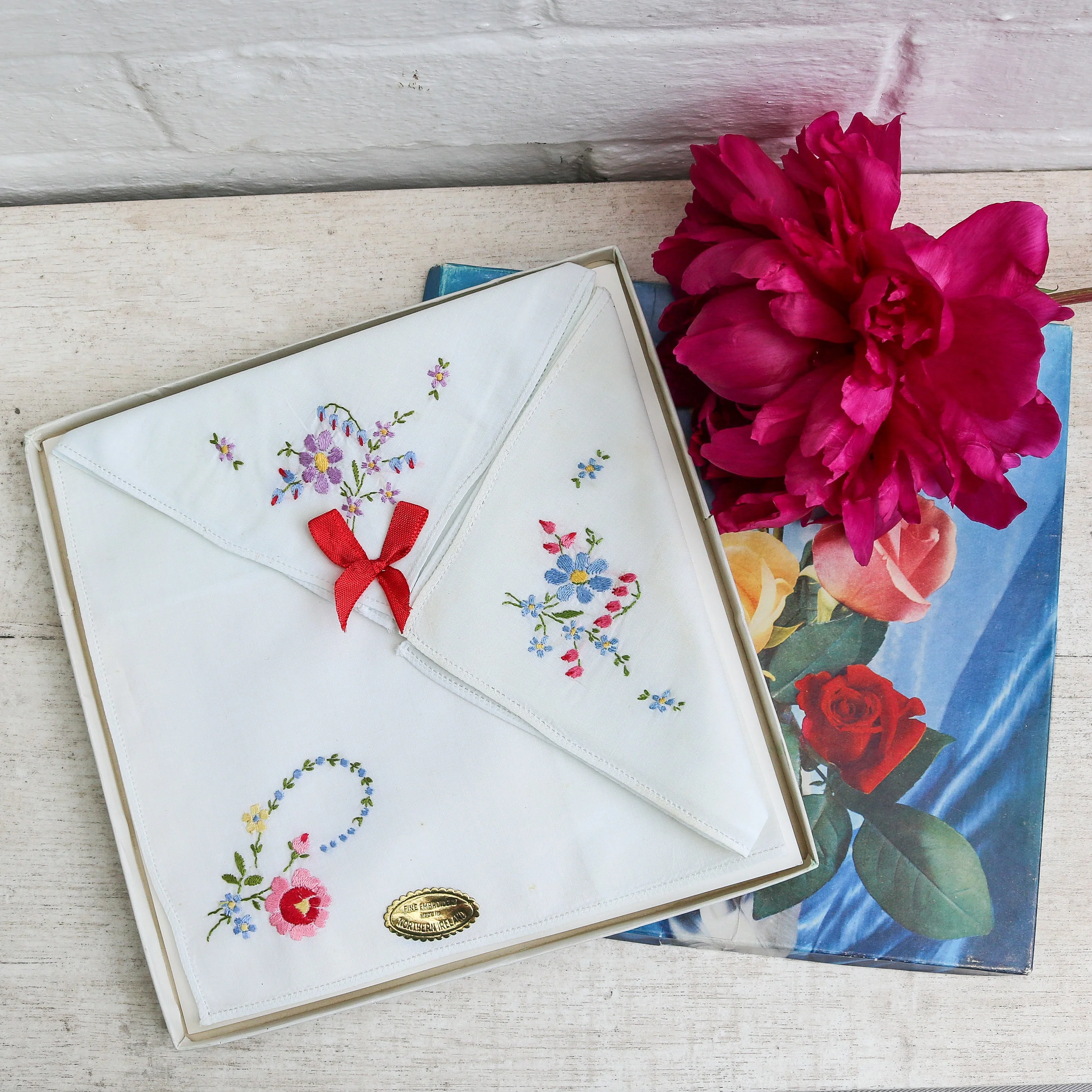 Set Of 3 Vintage Floral Embroidered Irish Linen Hankies