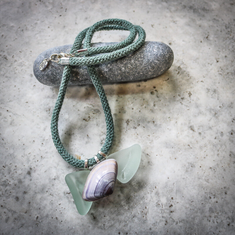 Aqua Sea Glass &amp; Shell charm Necklace