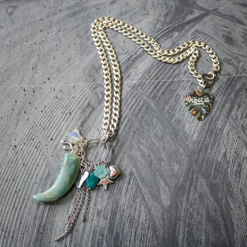 Sterling Silver Chunky Curb Chain Aventurine Tusk &amp; Charm Necklace