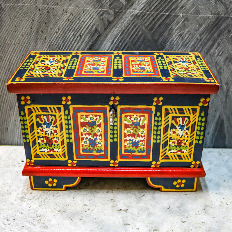 Vintage Wooden Hand Painted Jewellery Box With Key