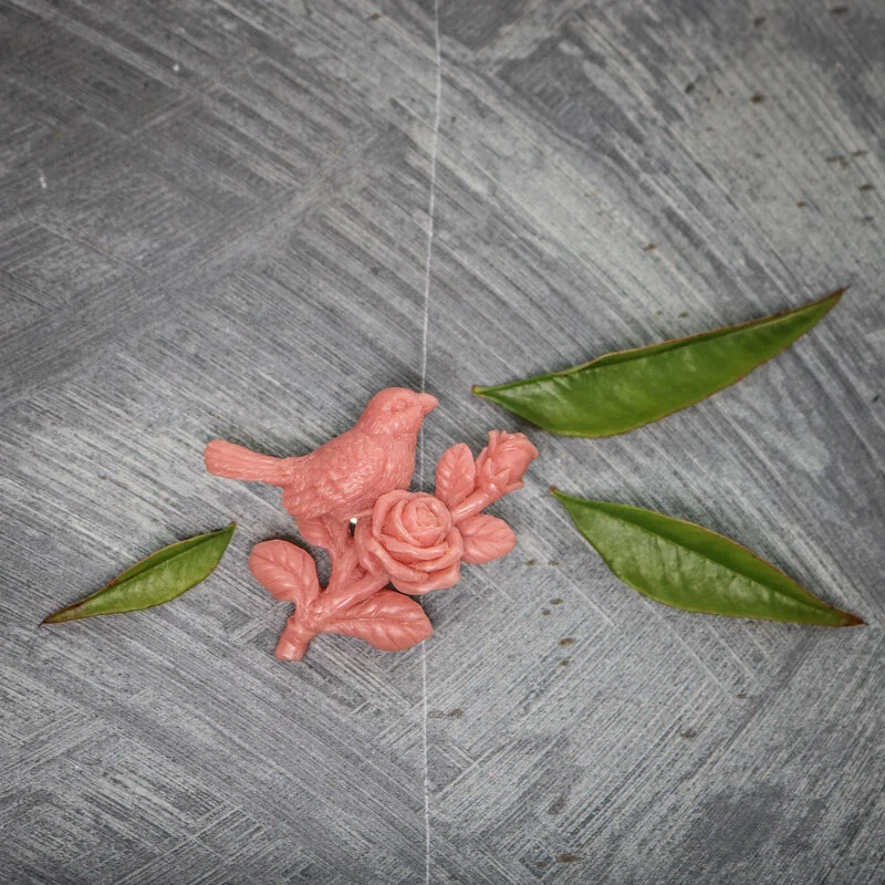 Vintage pink Bird & Rose Celluloid Plastic Brooch