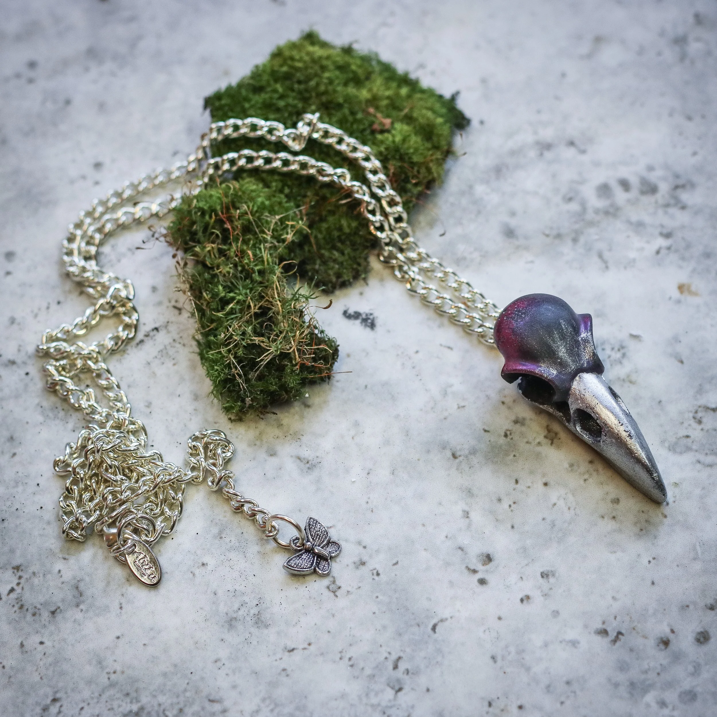 Silver Crow Skull with Silver lustre Beak Necklace