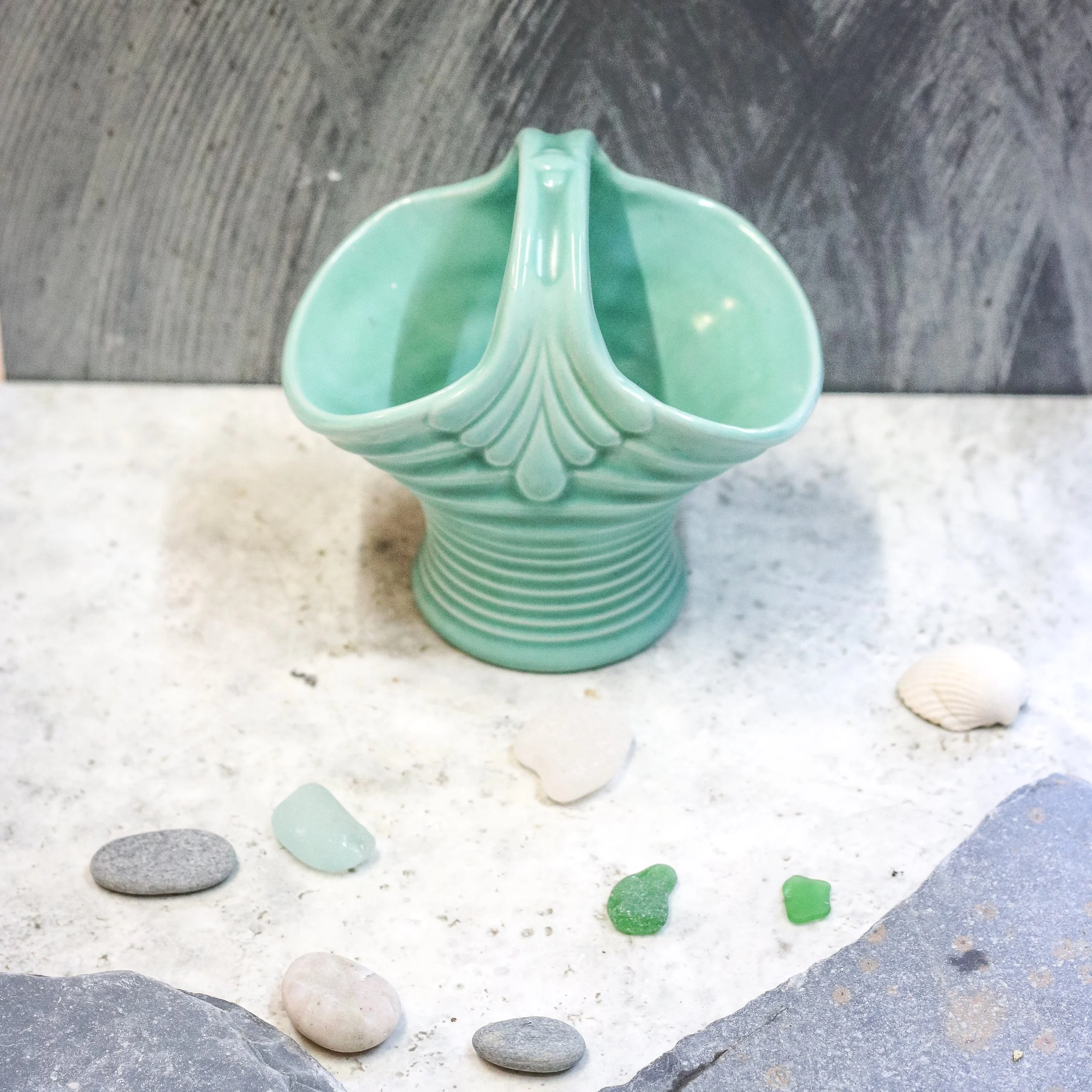 Vintage Govancroft Art Deco Green Ceramic Basket