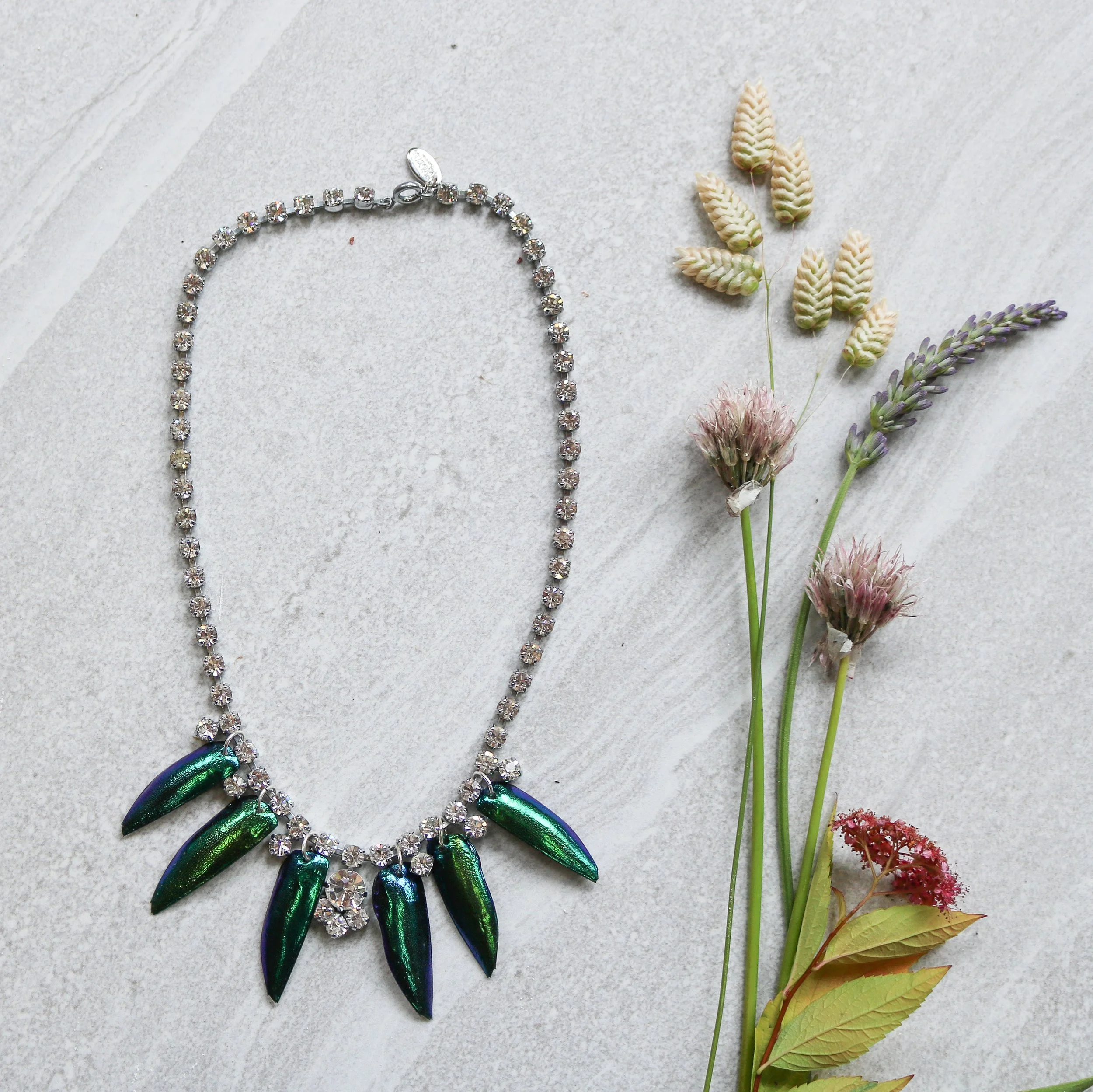 Whimsical Up-Cycled Vintage diamanté & Beetle Wing Necklace