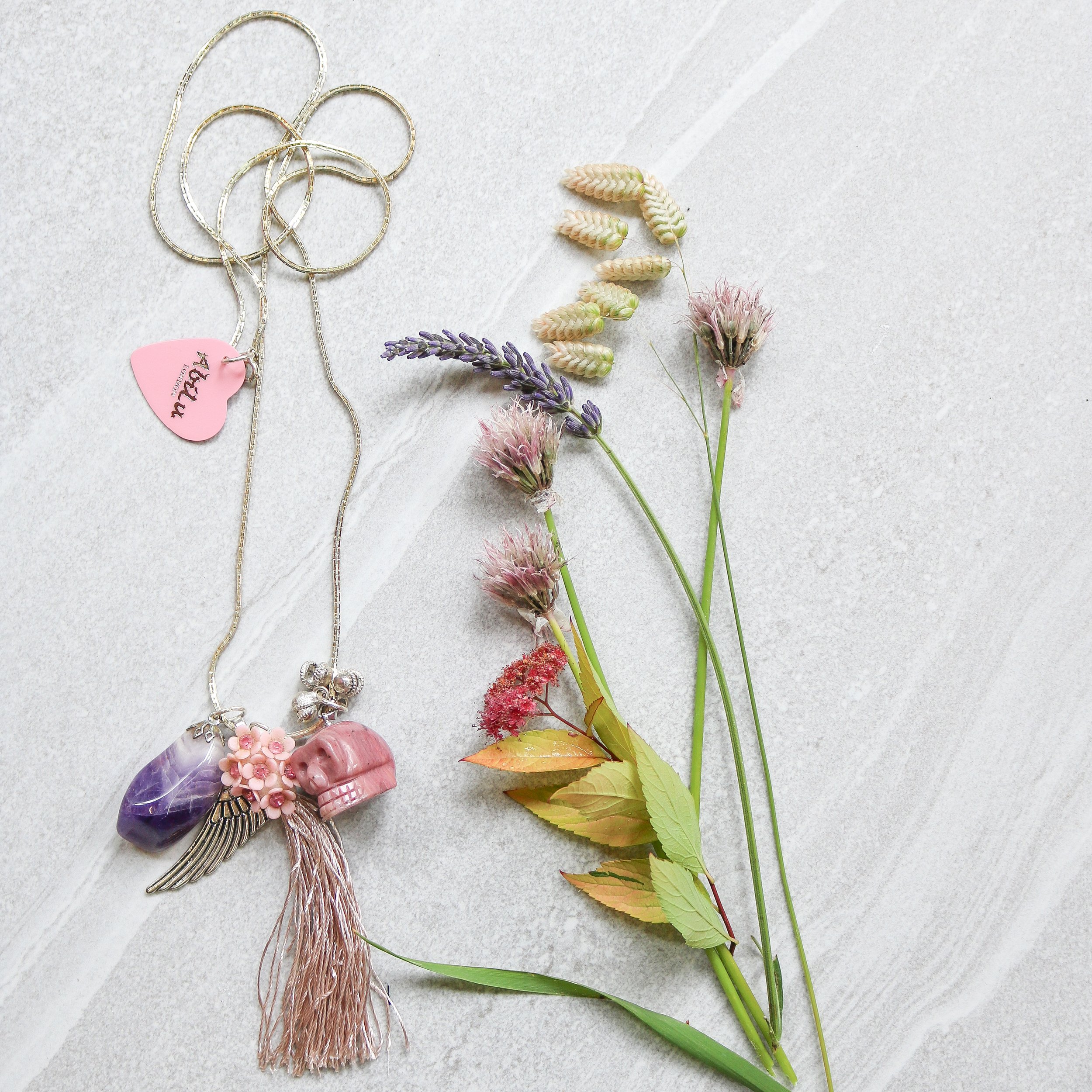 Calming Amerthyst & Rhodonite Skull tassle charm Necklace
