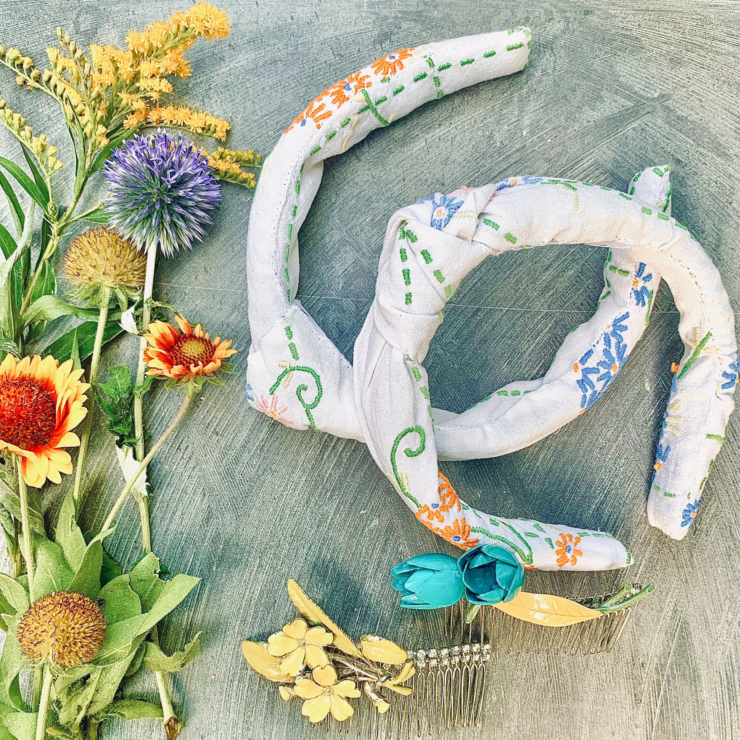 Repurposed Vintage Linen Embroidered knot Hairband