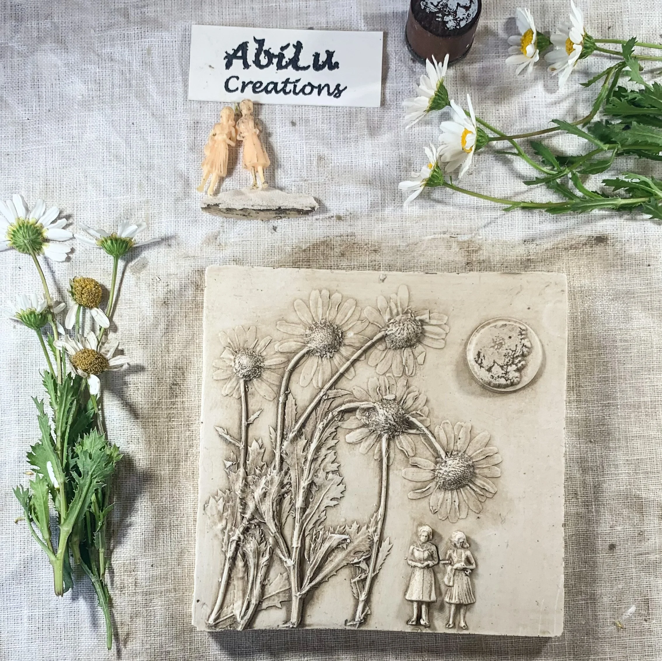 Staring at the moon through the daisies botanical Tile