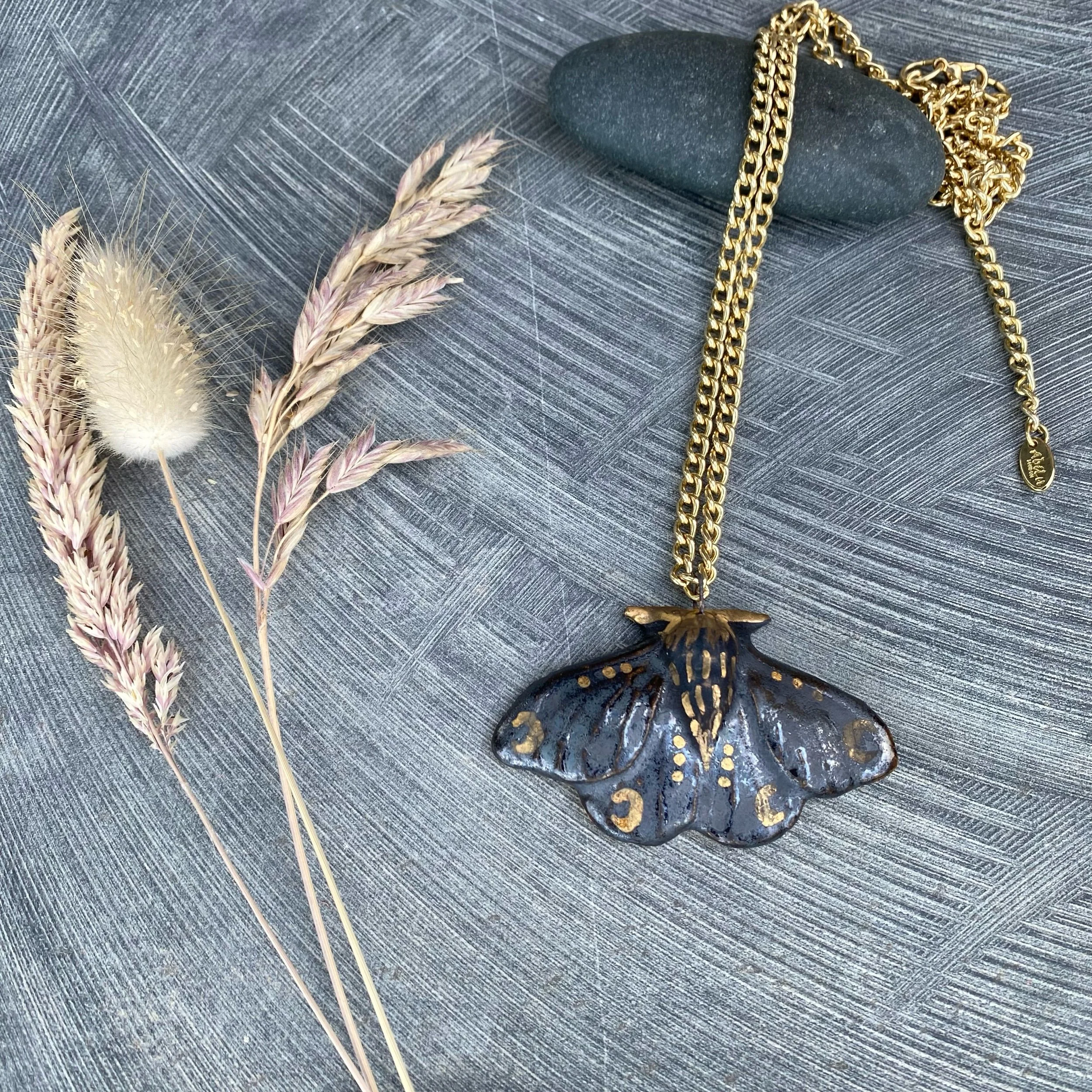 Black Ceramic Moon Moth Necklace