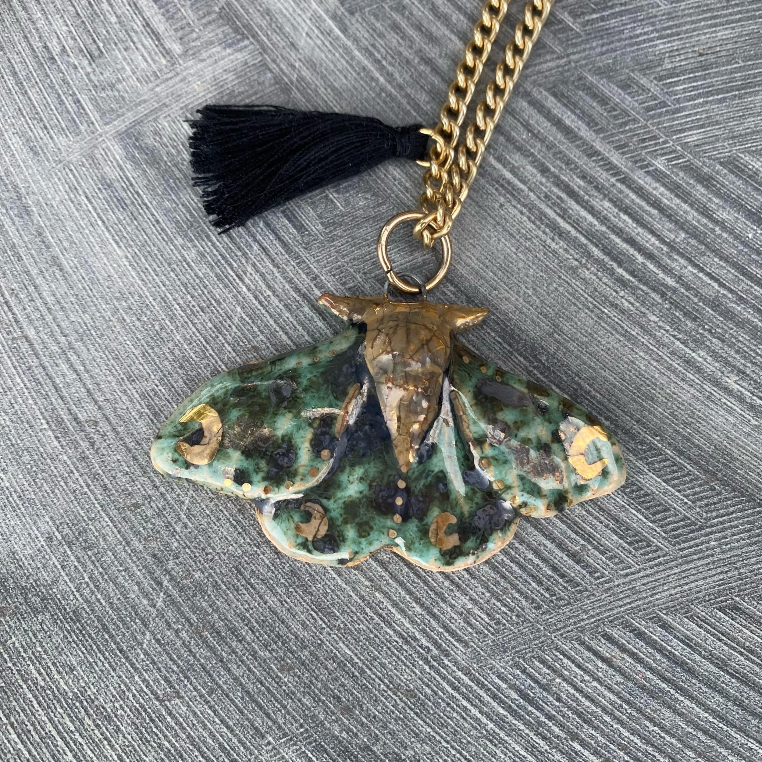 Green Ceramic Moon Moth Necklace