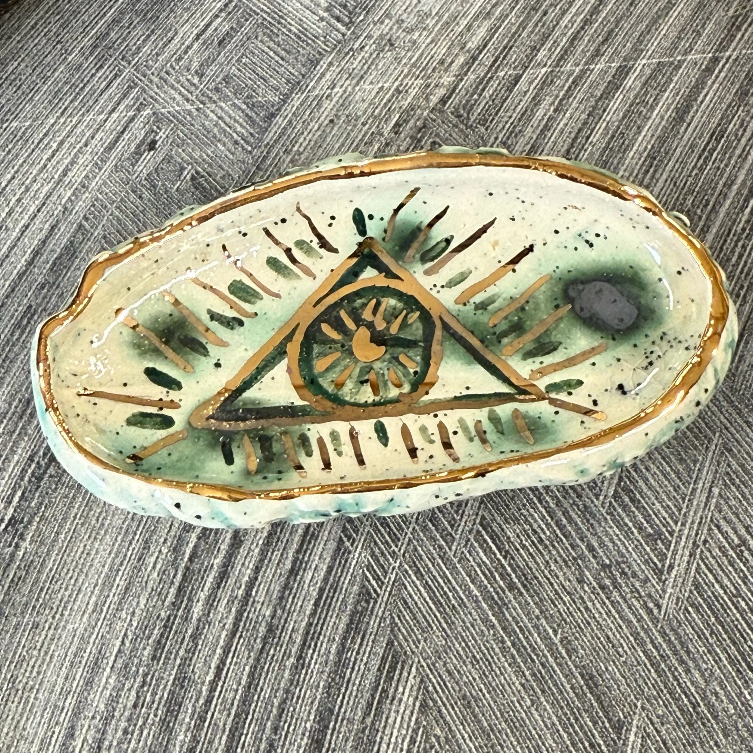 Medium Ceramic hand illustrated eye pebble dish