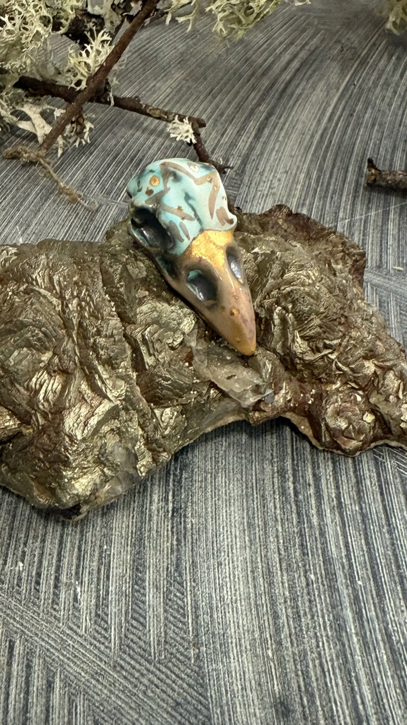 Ceramic raven skull talisman pendant
