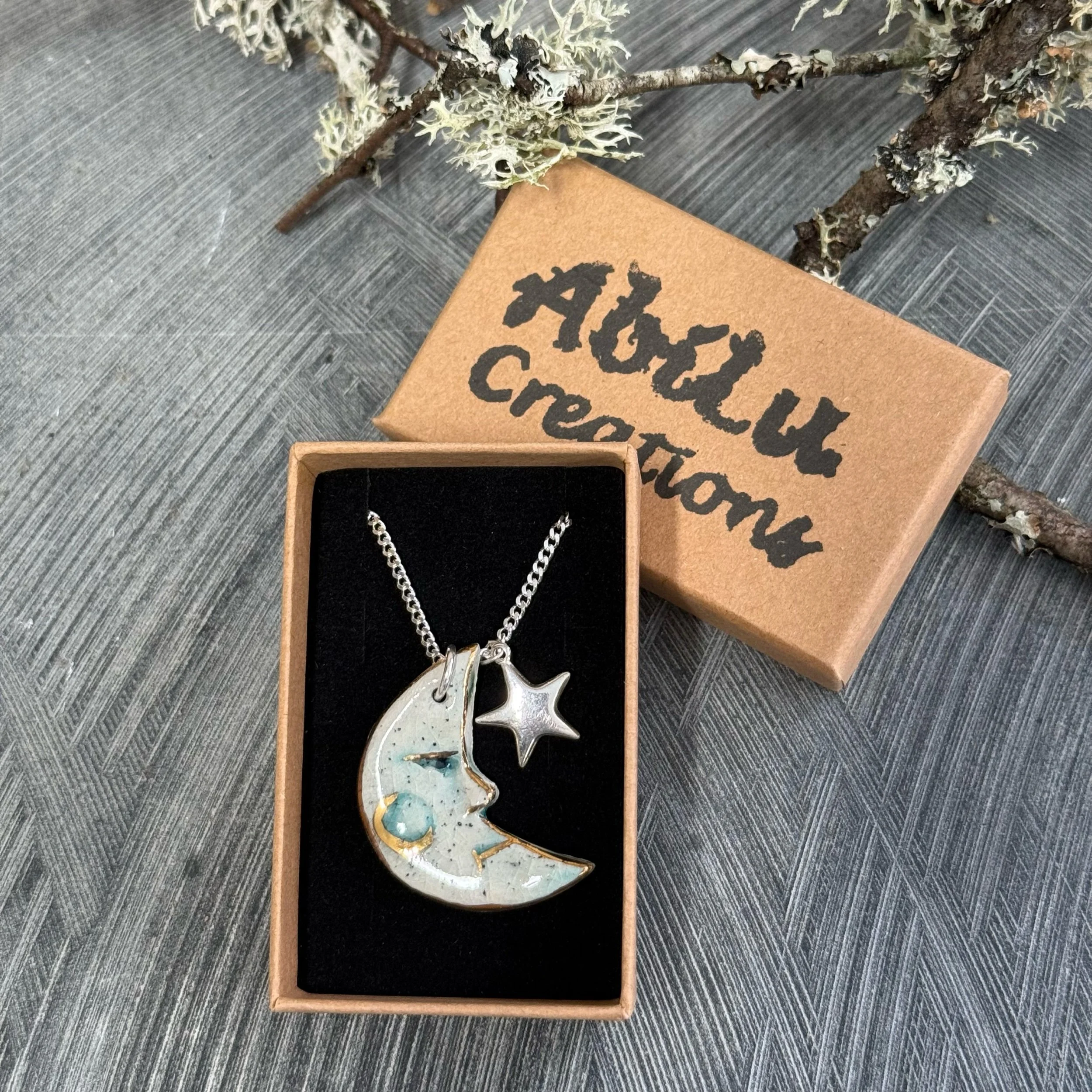 Sterling Silver ceramic Moon and star Necklace