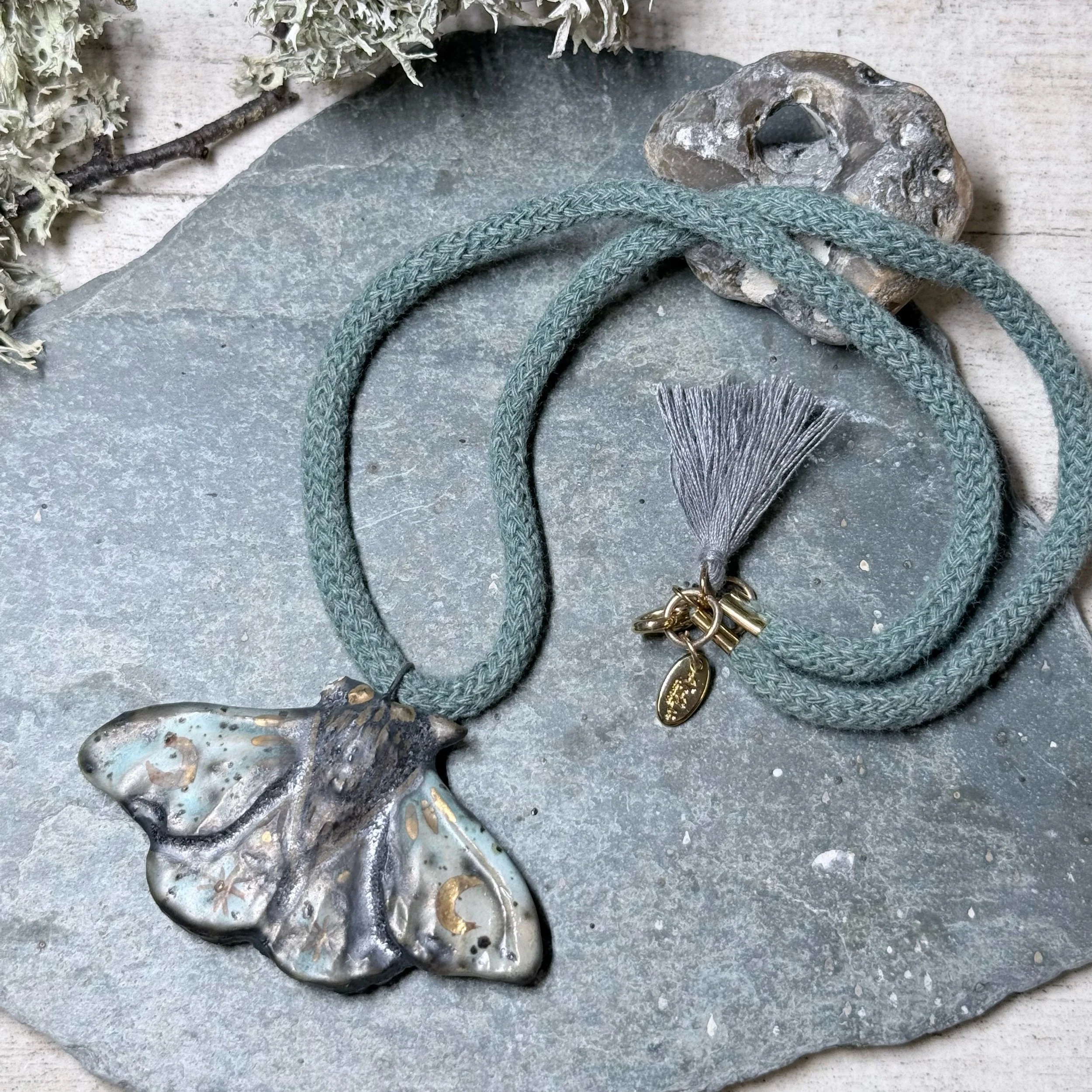 Mottled Ceramic Moon Moth Cord Necklace