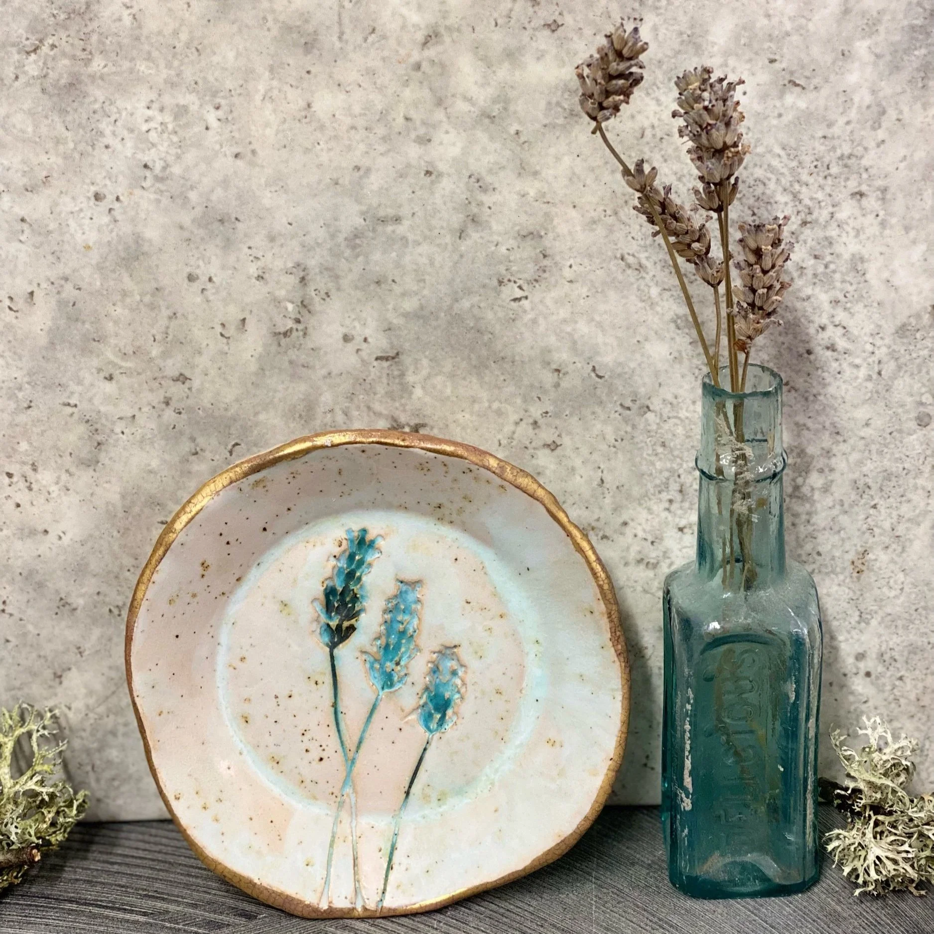 Handmade Lavender Lace Ceramic Plate – Botanical Pottery for Altar, Ritual, or Decorative Display