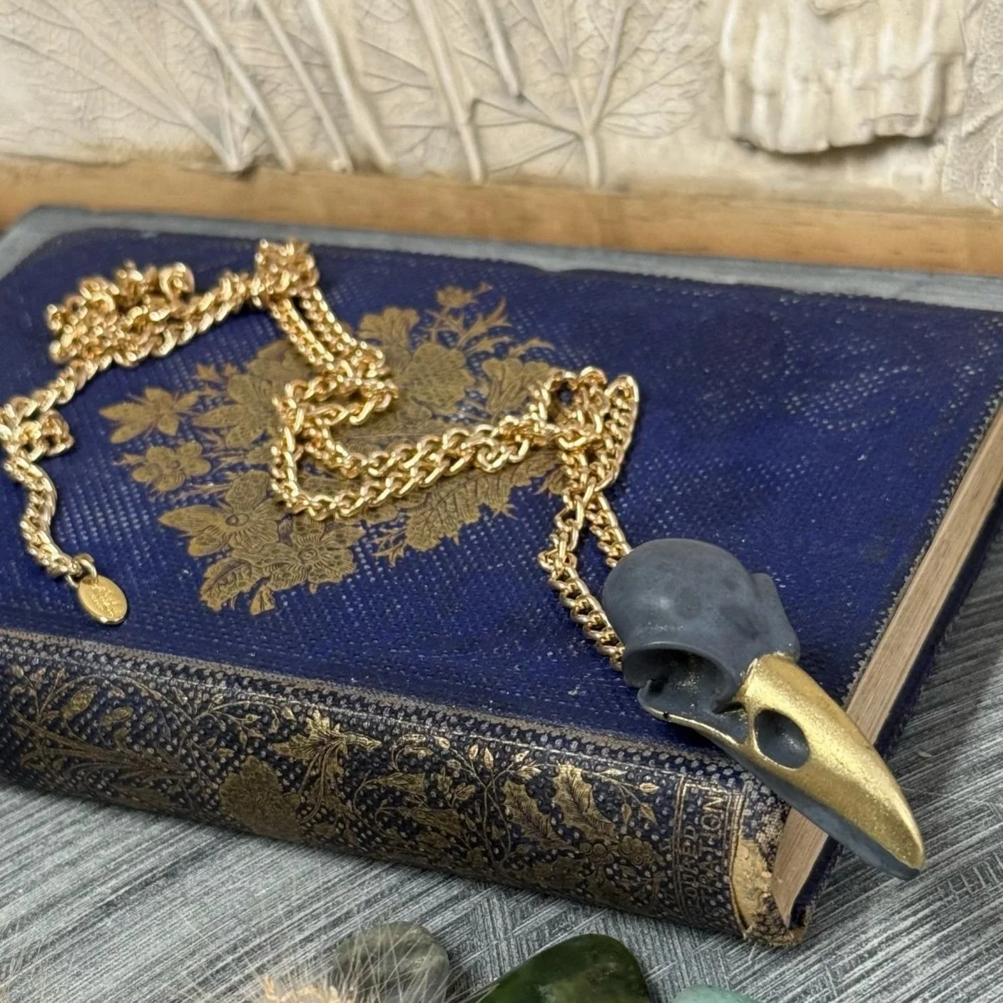 Gold raven SKULL WITH gold LUSTRE BEAK NECKLACE