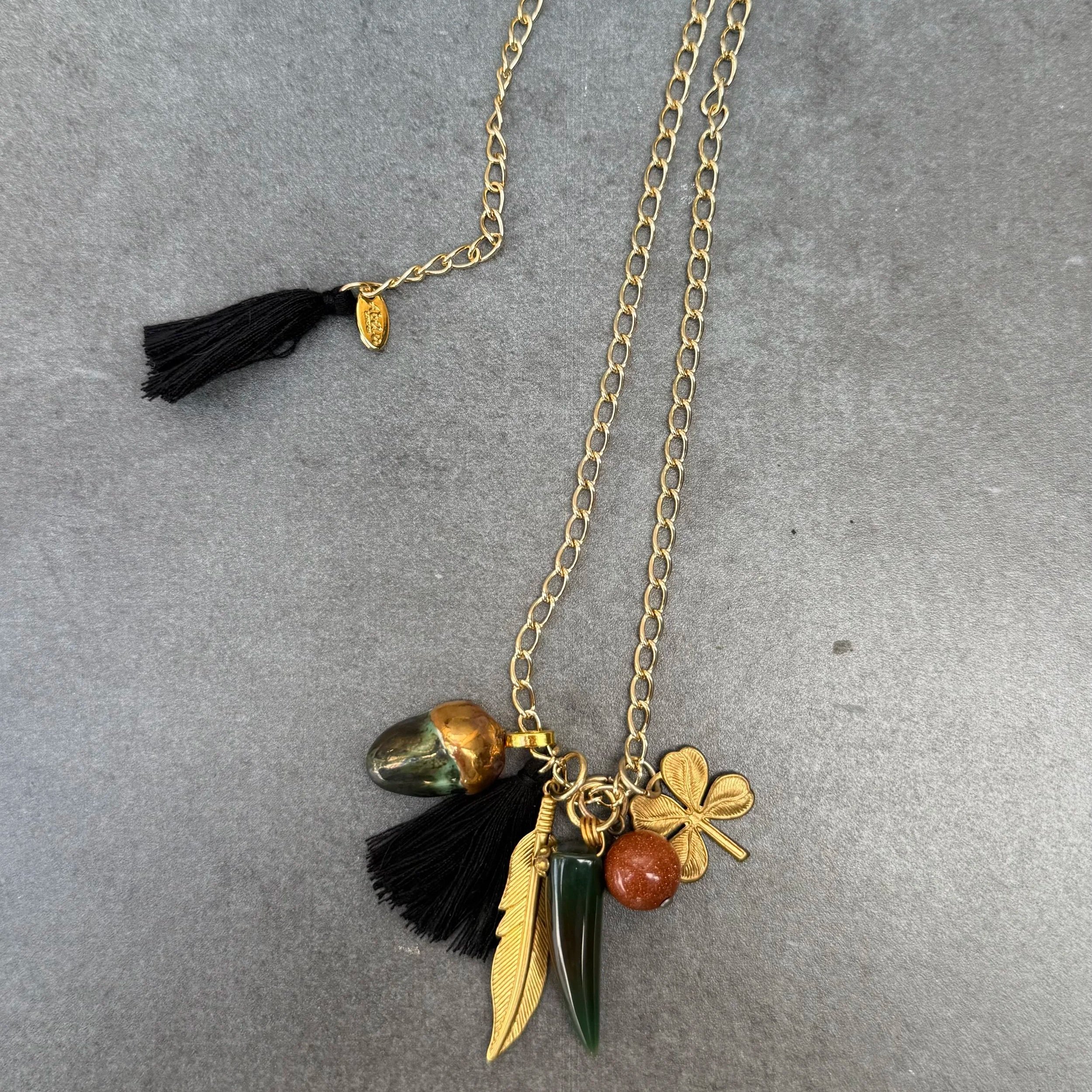 Spirit Charm Totem Necklace – Golden Acorn, Feather, Clover and Agate Tusk