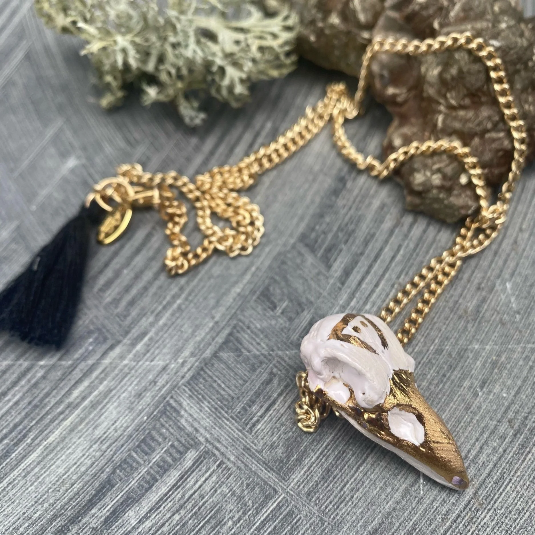 Grounding White Ceramic Raven skull gold necklace