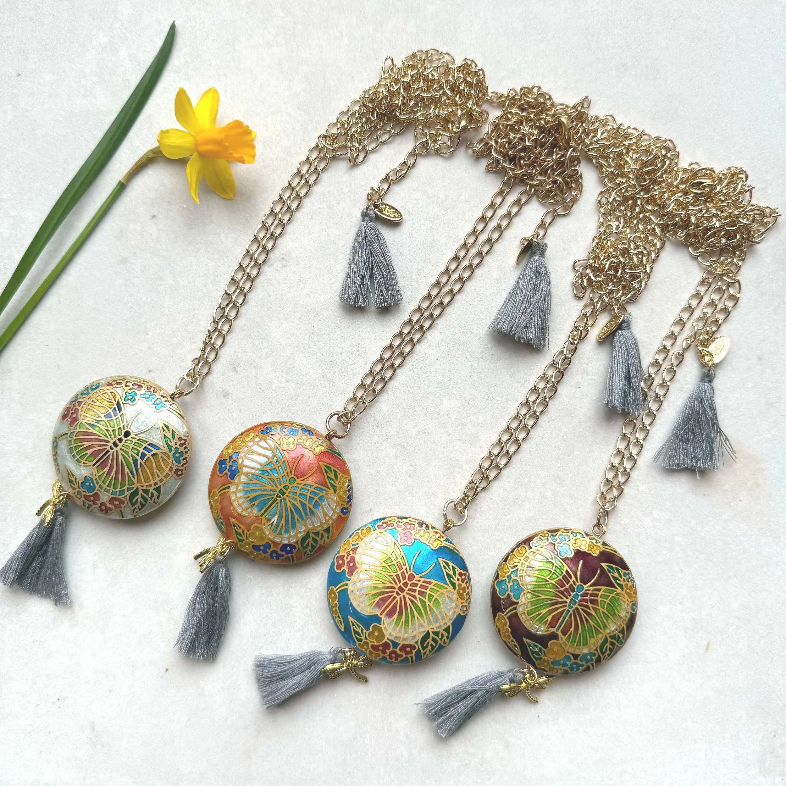 Enamel Butterfly Disk Long pendant necklace