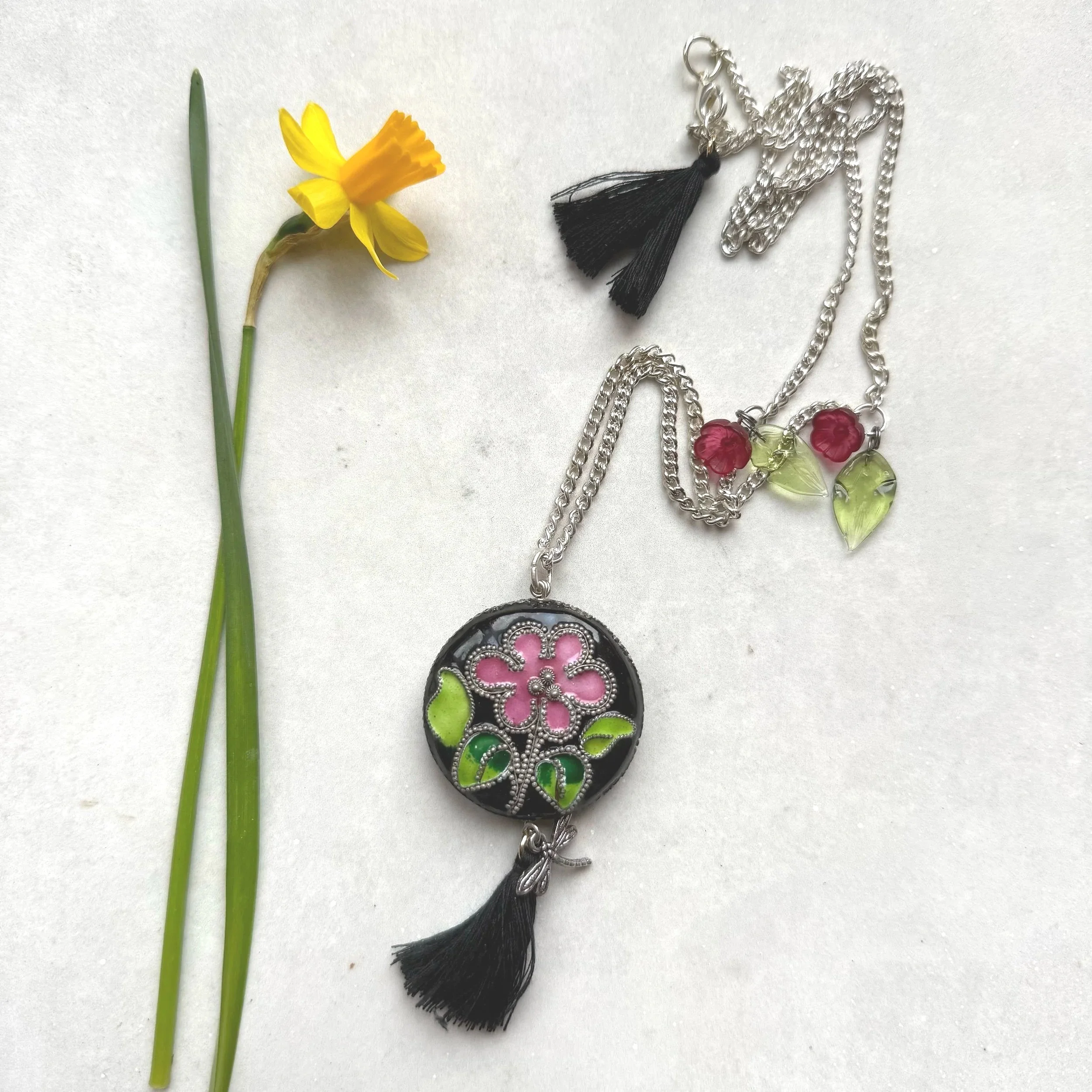 Long Flower enamel  disk pendant Necklace