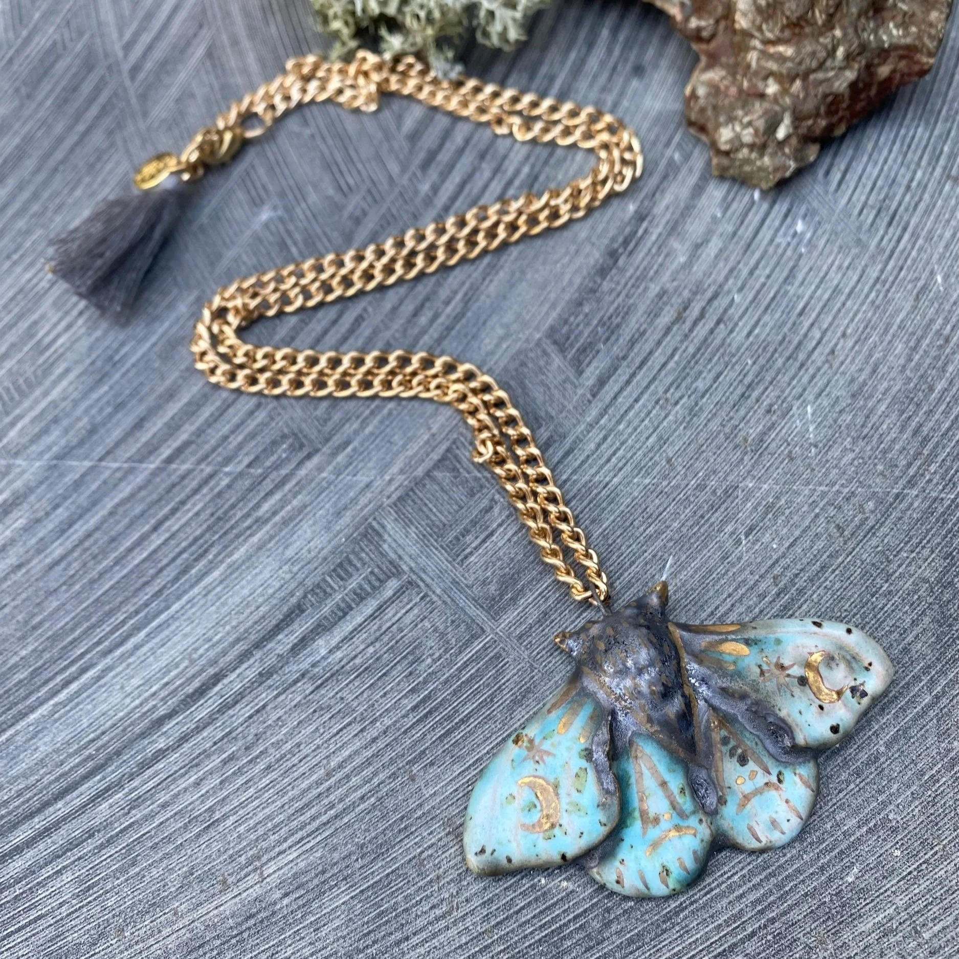 Blue Mottled Moon moth gold chunky chain