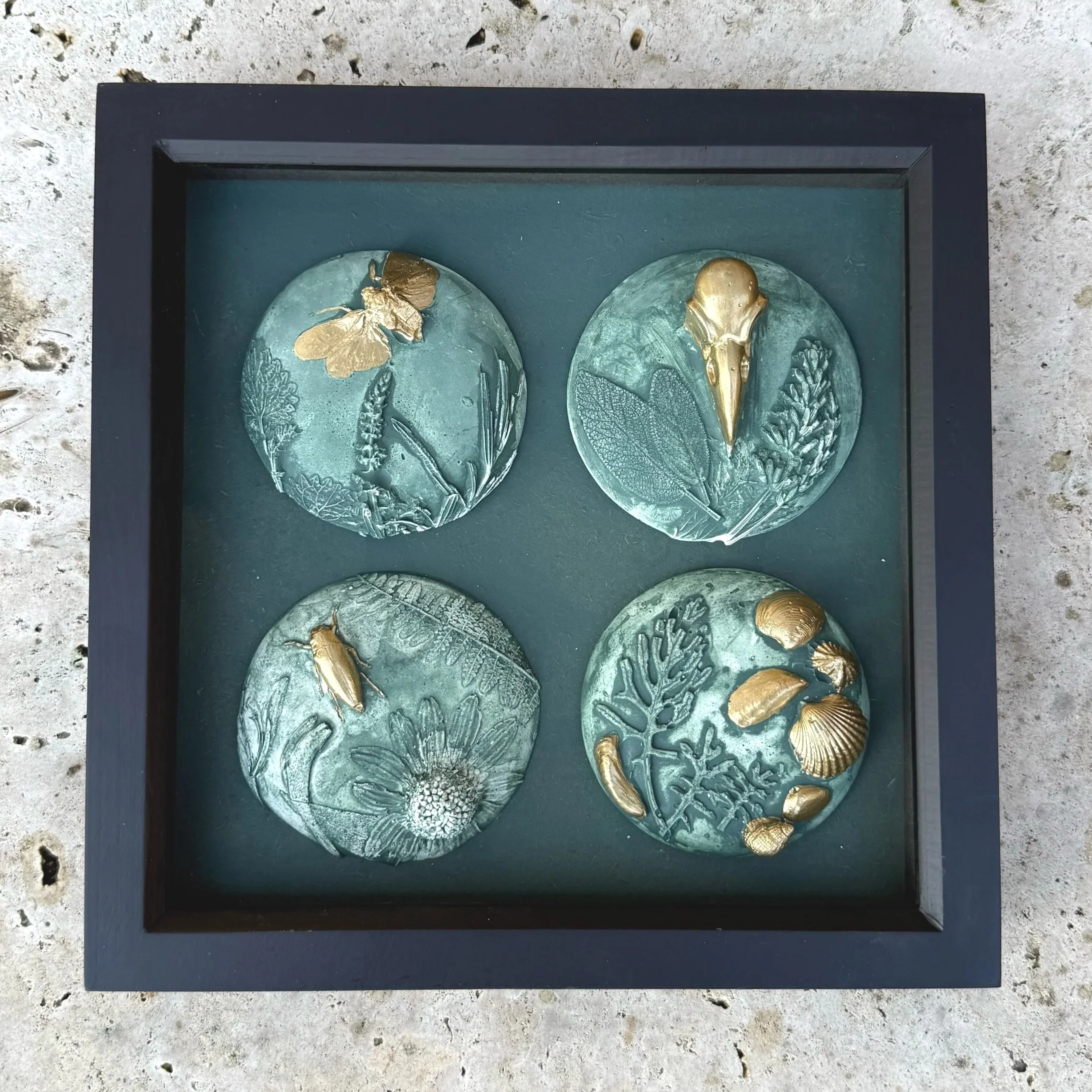 Fire Air Earth and water element botanical cast framed art (sample)
