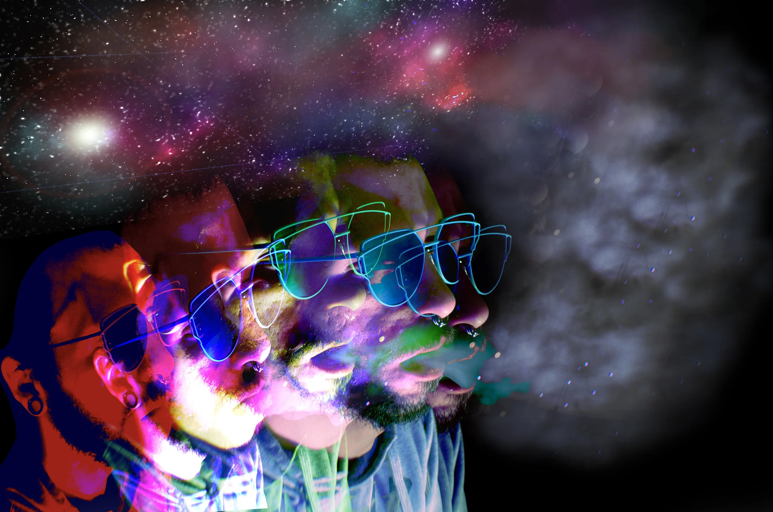 Digitally abstract photograph with repeated overlapping photos of a bearded model with blue sunglasses on, blowing a puff of smoke.