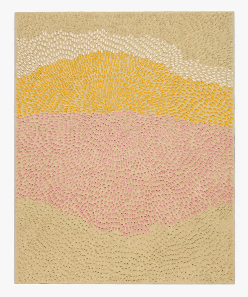 Jennifer Guidi Body Mountain, Mind (Painted White Sand SF #2SF, White Yellow and Pink), 2016 sand, acrylic and oil on linen 92 x 74 in. Image courtesy of the artist