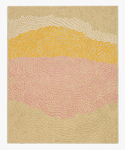  Jennifer Guidi  Body Mountain, Mind (Painted White Sand SF #2SF, White Yellow and Pink), &nbsp;2016 sand, acrylic and oil on linen 92 x 74 in. Image courtesy of the artist 