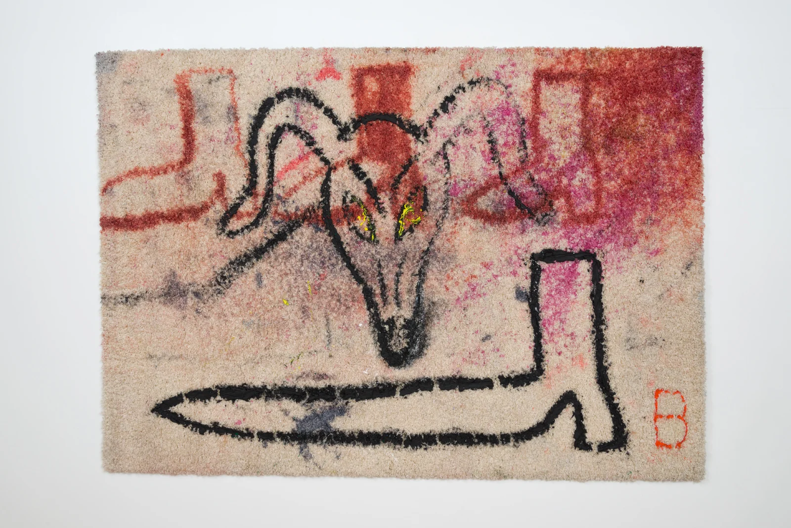 Brook Hsu Dog and Boot, 2016 dye and acrylic on carpet 88 x 62 in.