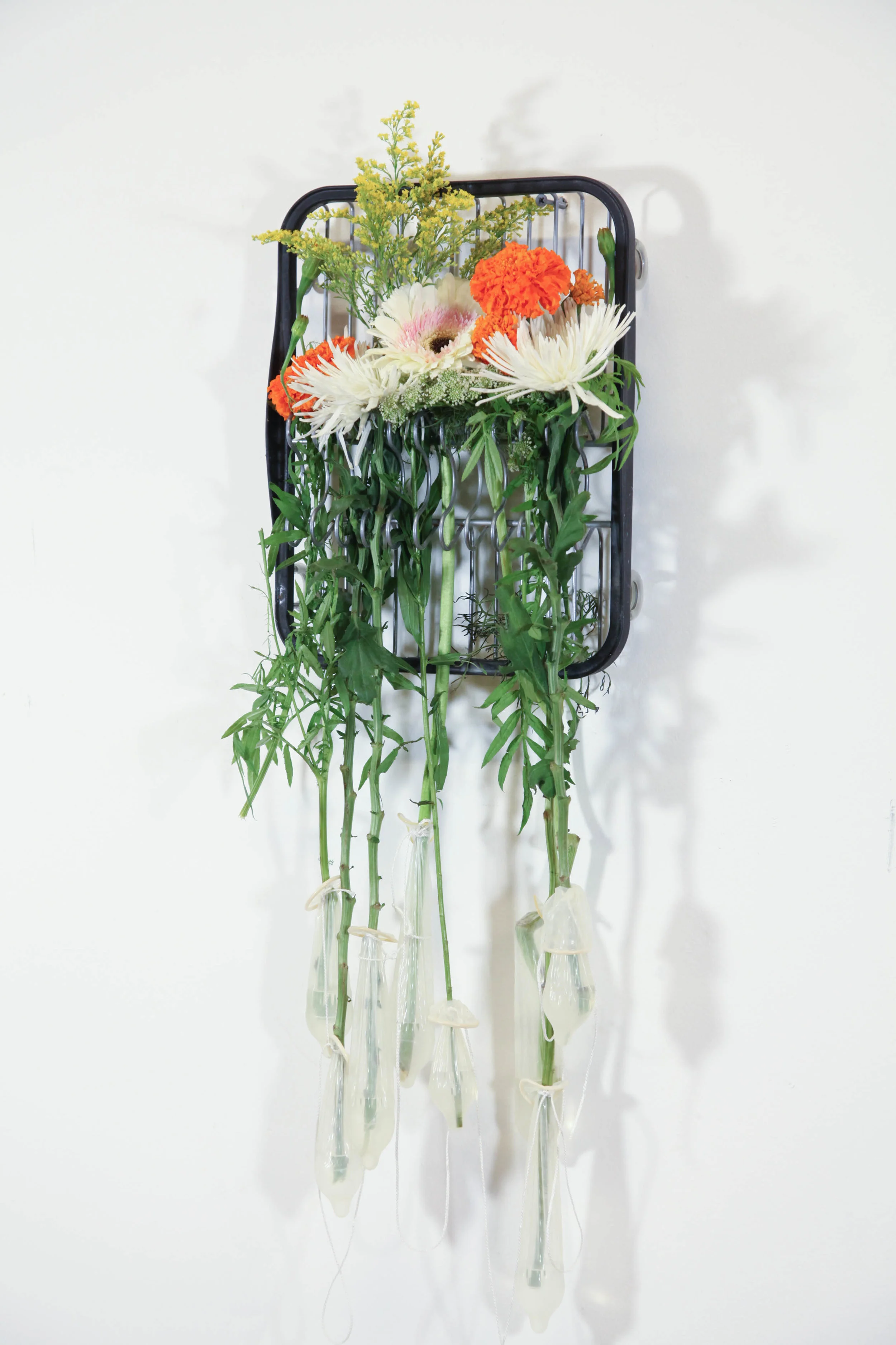Camille Schefter Stopover , 2017 dish rack, flowers, condoms 14 x 11 x 4 in.