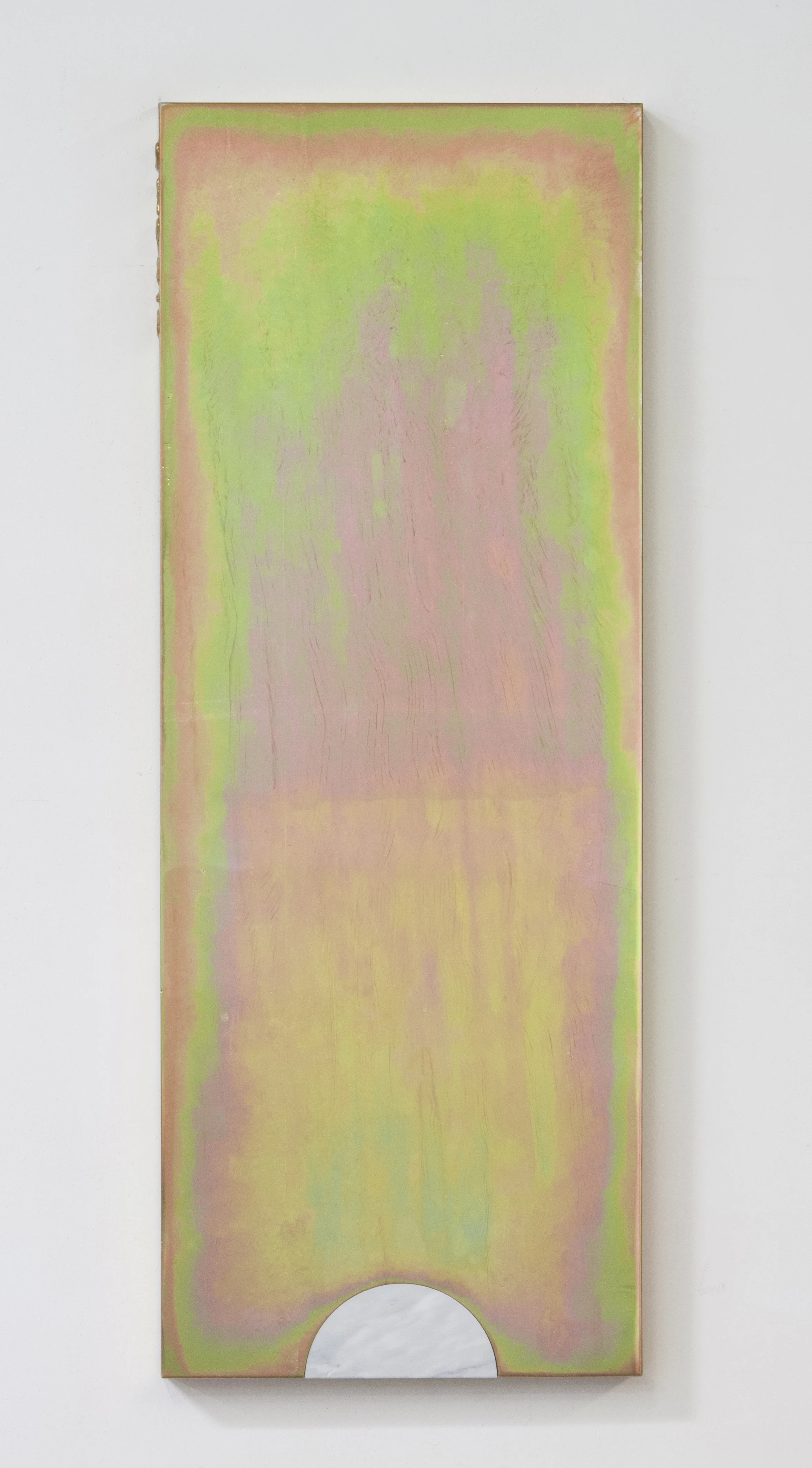 Devin Farrand Piston Plate 12, 2016 yellow zinc plated steel, Carrara marble 29 x 11 x 1 in.