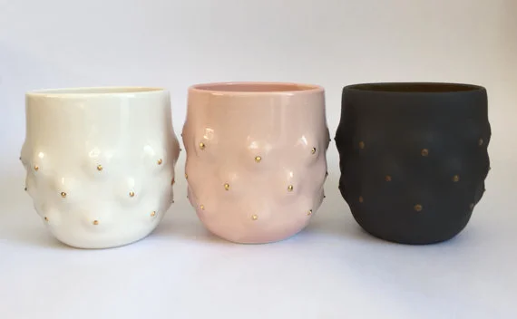 Priscilla Petralie Boob Mugs , 2017 (classic white, black honey, vintage pink) ceramic, glaze 4 x 3 ½ x 3 ½ in.