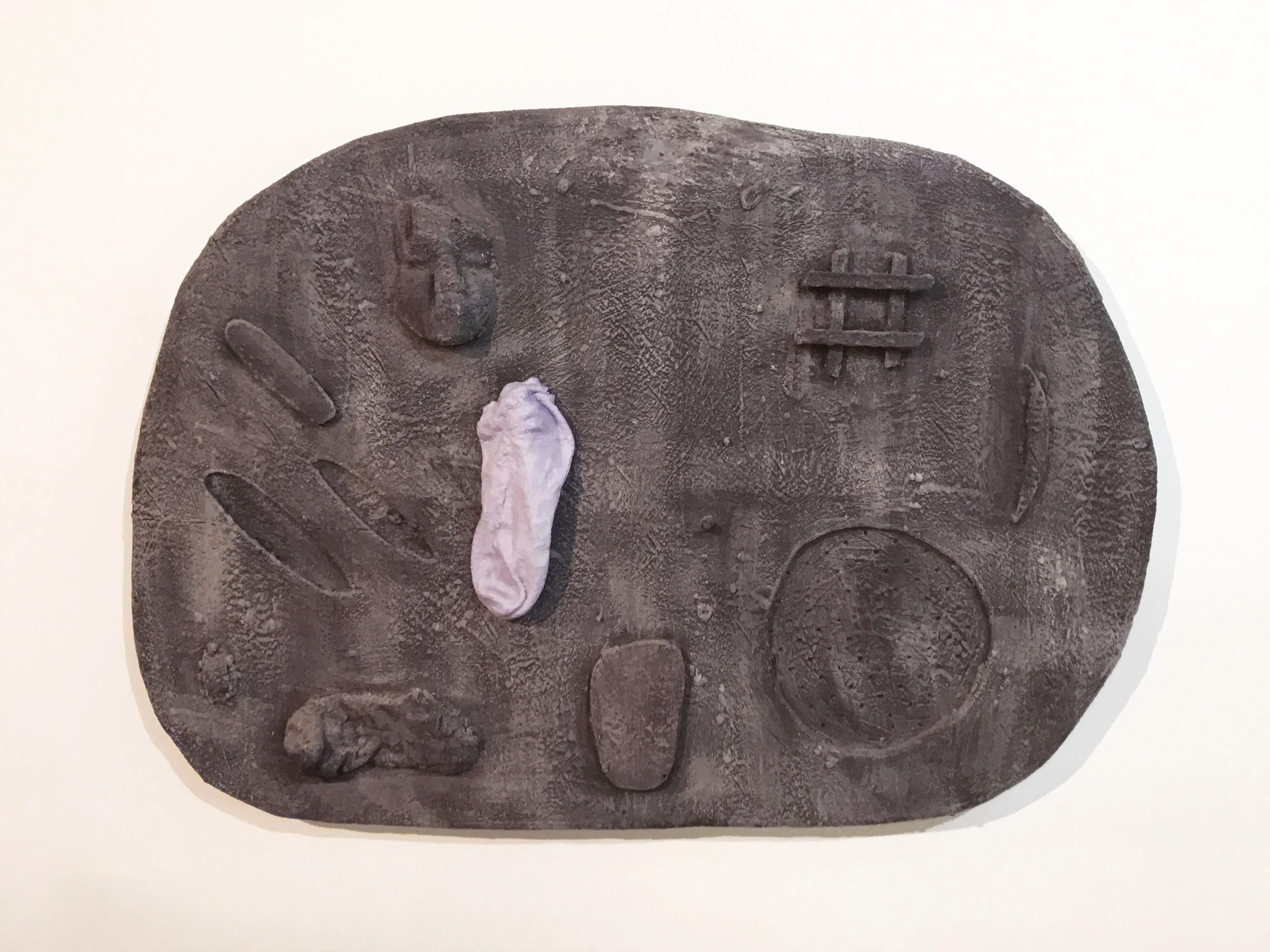 Don Edler Untranslated Tablet 1, 2016 plywood, plaster, old sock, found objects, liquid nails, latex, surf wax 24 x 36 in.