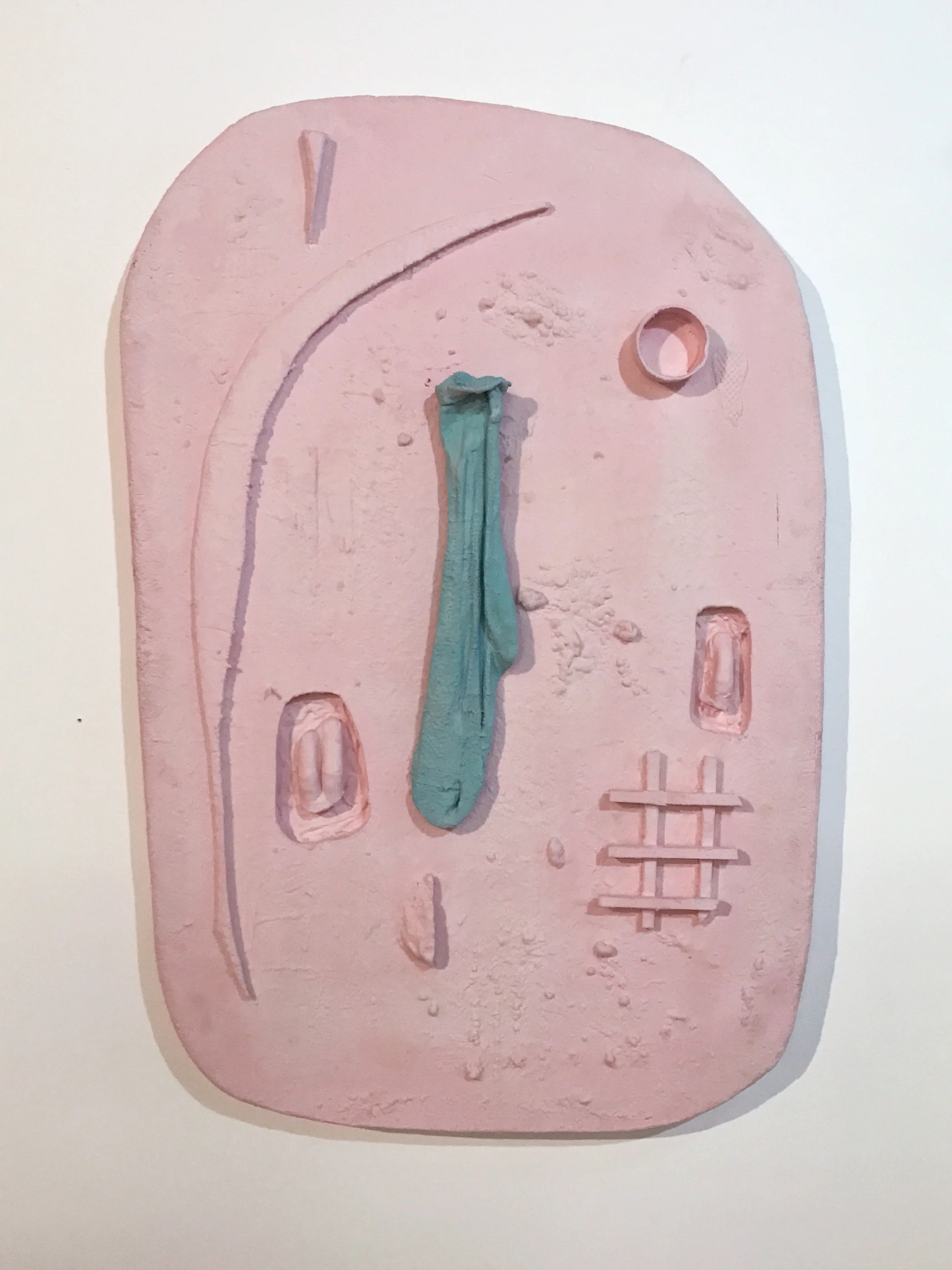 Don Edler Untranslated Tablet 2 , 2016 plywood, plaster, old sock, found objects, liquid nails, latex, surf wax 36 x 24 in.