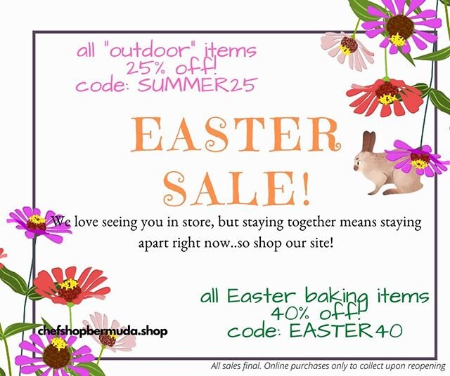 We stand with you, Bermuda! We miss seeing all of our customers, but in the meantime here&rsquo;s a little something to get us in the Summer mood.
From now til Monday, enjoy the sale.
chefshopbermuda.shop
And most importantly, stay safe and happy!