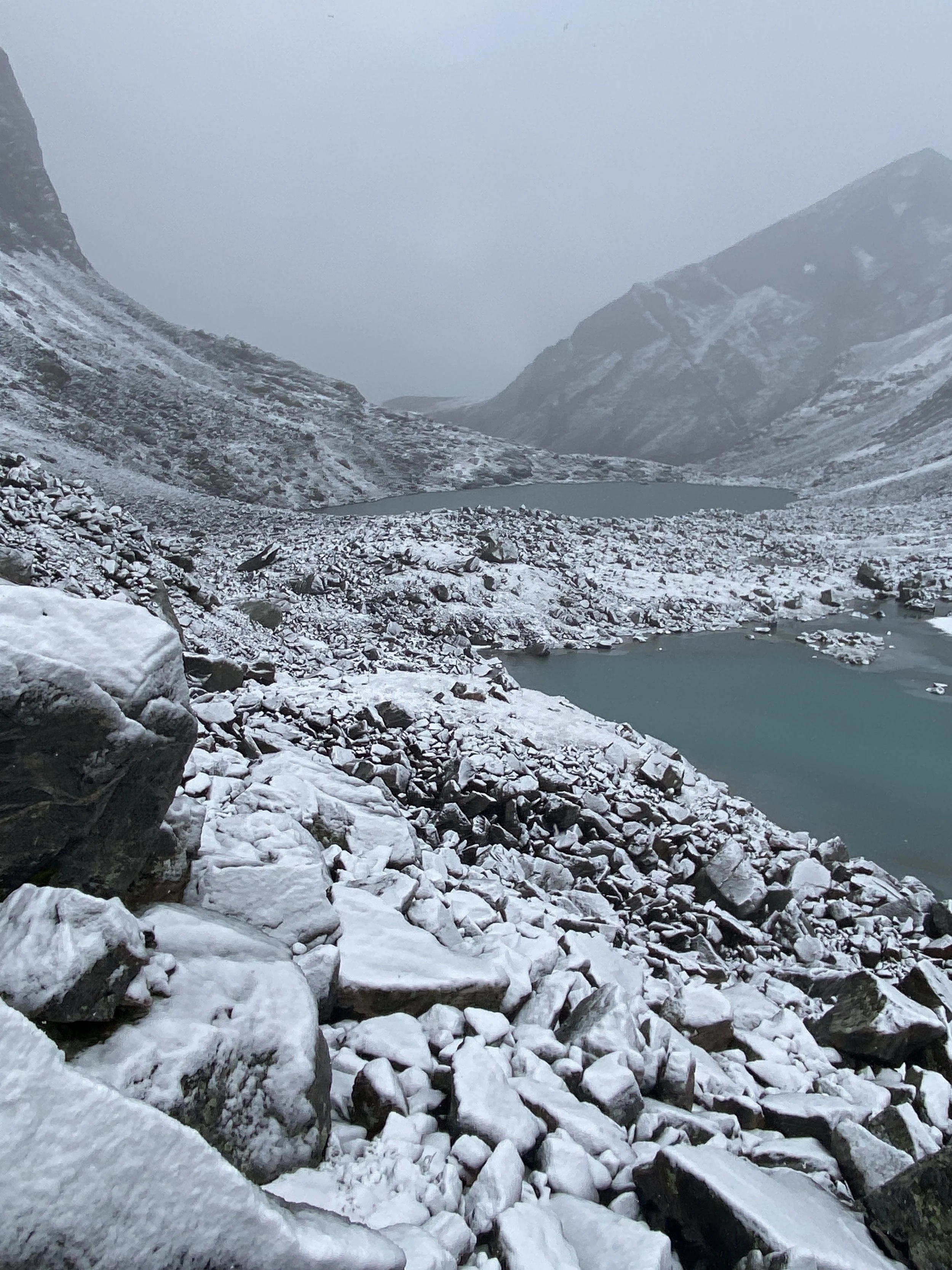 Snow covers landscape around the Sawtooth Lakes in the Bighorns