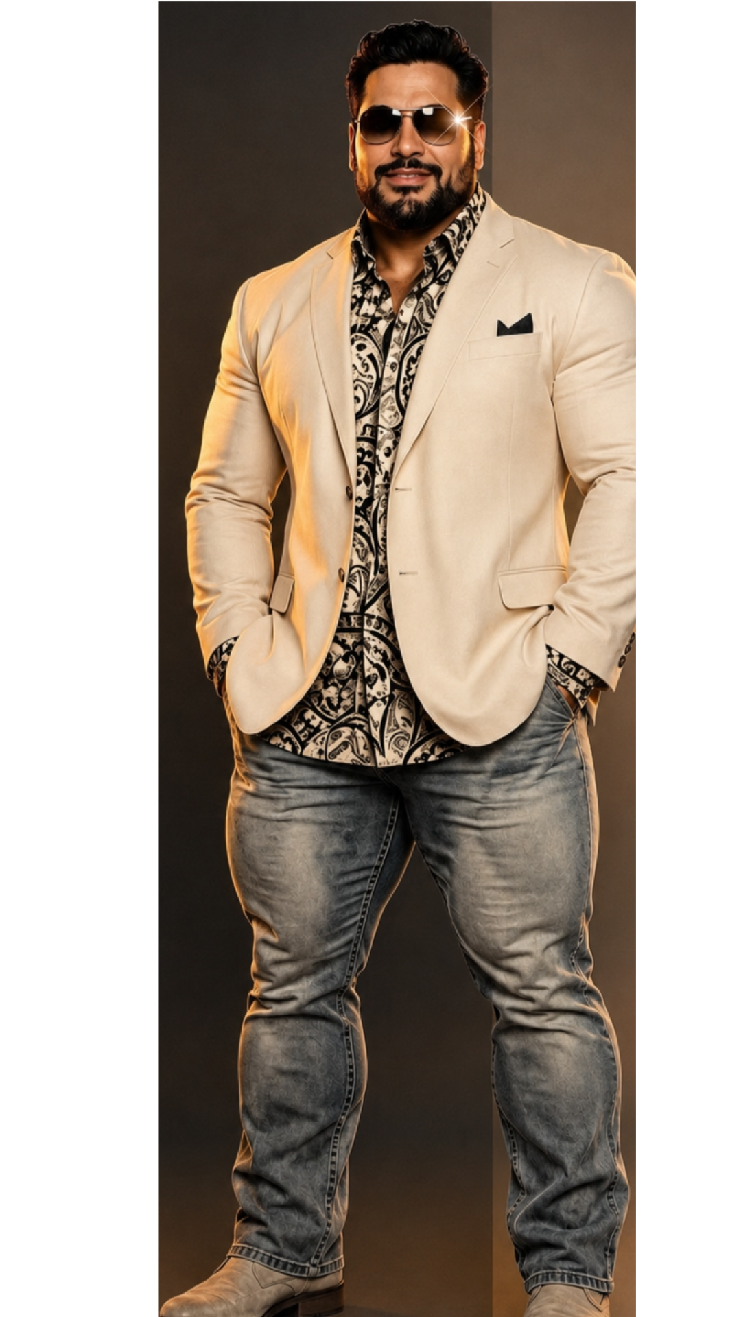Stylish man wearing sunglasses, a beige blazer, patterned shirt, faded jeans, and boots, posing confidently.