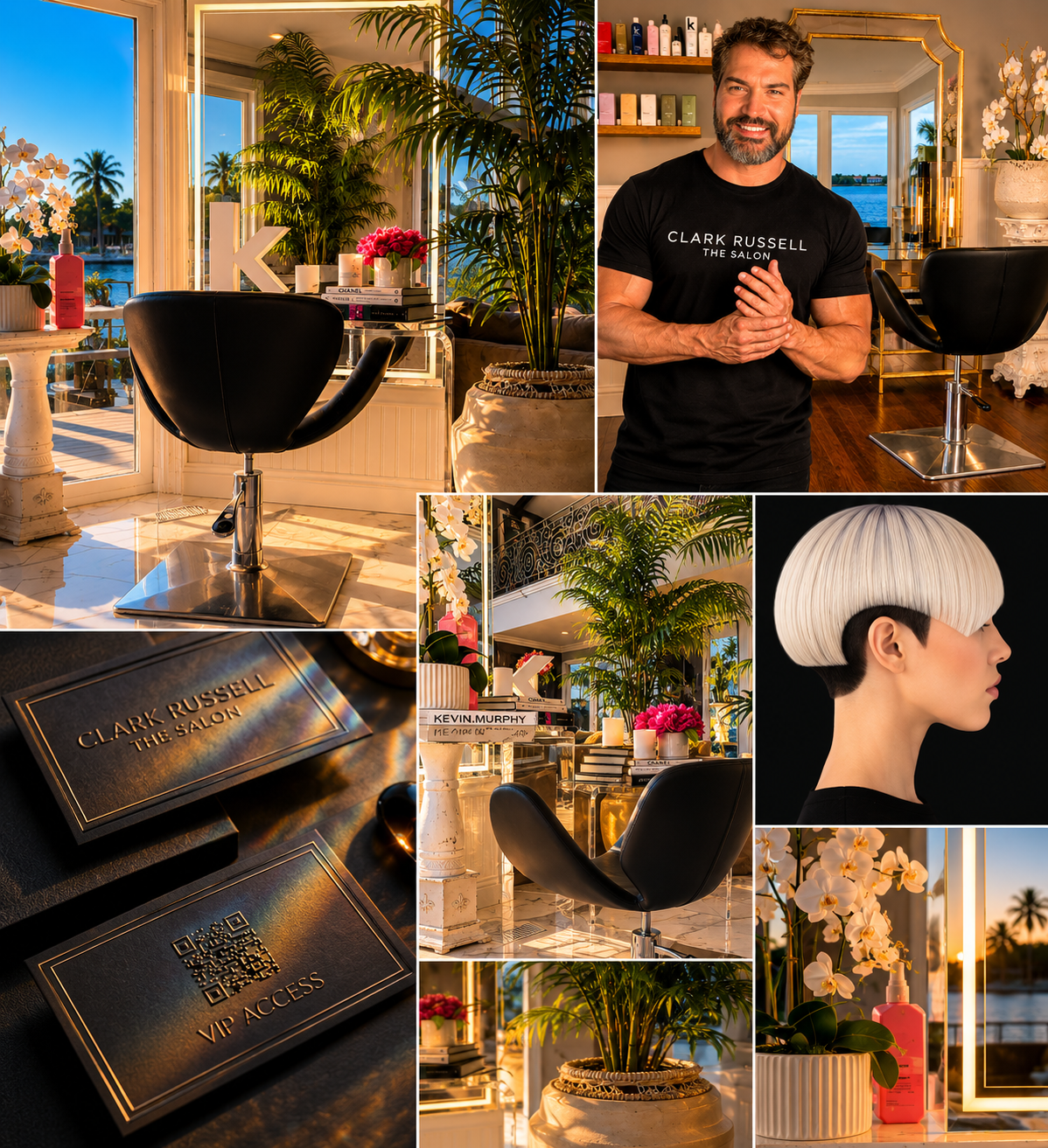 A collage of photos from a modern hair salon called Clark Russell The Salon. The images include a black salon chair in front of large windows with a scenic view of palm trees and water, a man smiling with a beard wearing a Clark Russell The Salon T-shirt, a stylish bowl haircut on a woman, and close-ups of the salon's VIP access cards displaying a QR code and the salon name. The interior features lush green plants, white orchids, books, and decorative elements with warm lighting.
