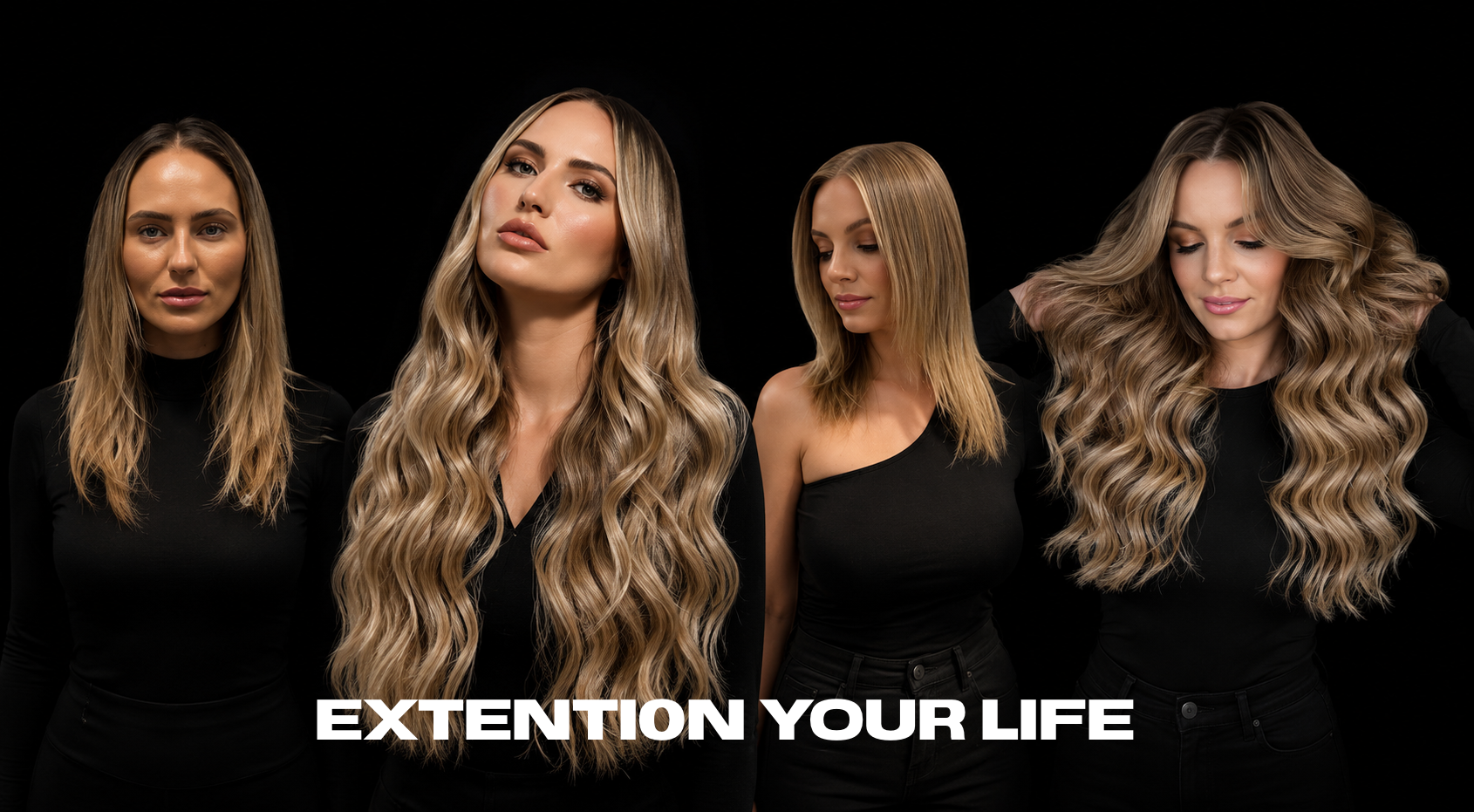 Four women with long, wavy hair, dressed in black, standing against a black background, with the text 'EXTENTION YOUR LIFE' in white at the bottom.