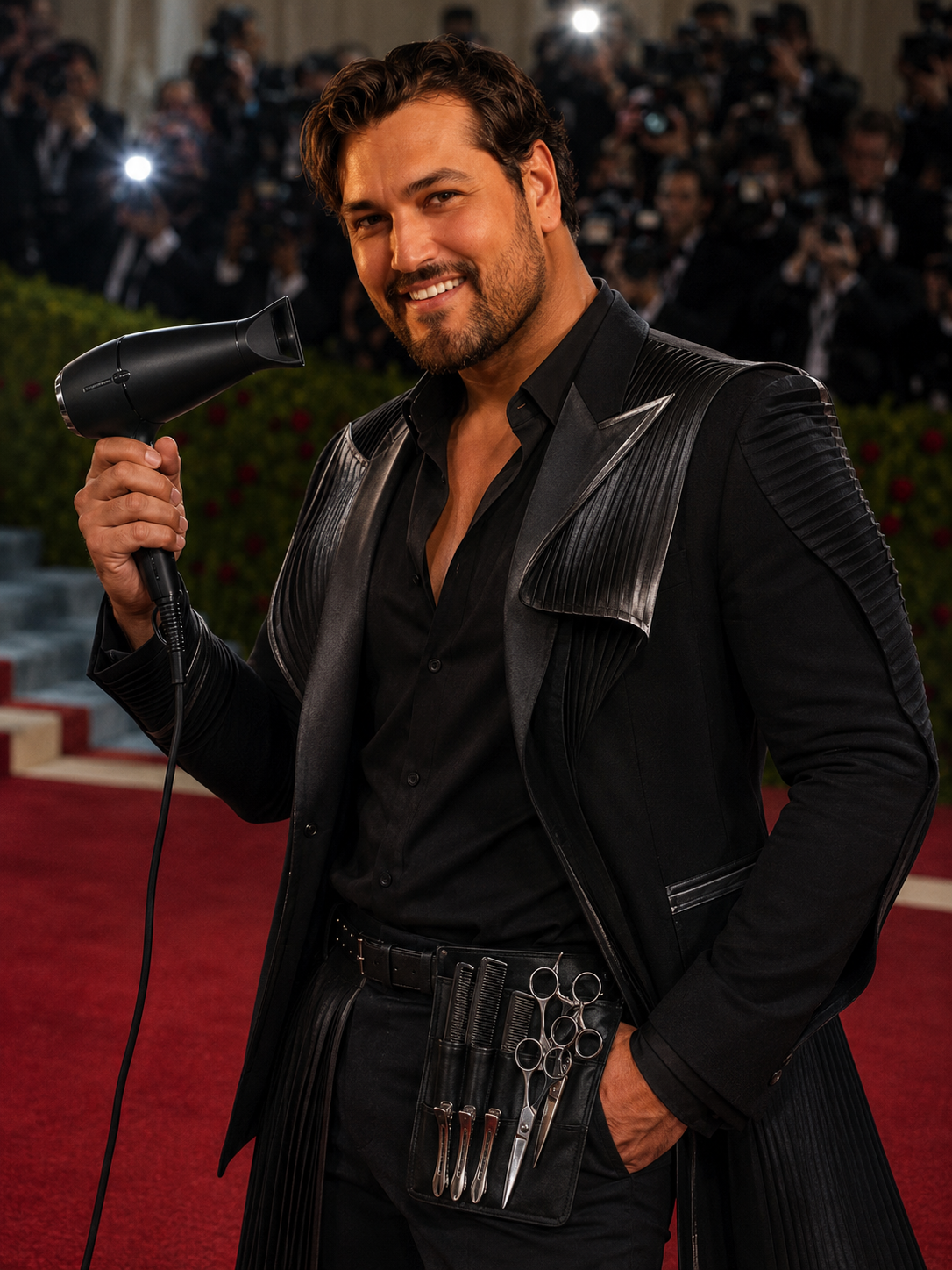 A man in a black outfit holding a hairdryer at a red carpet event, with photographers in the background.