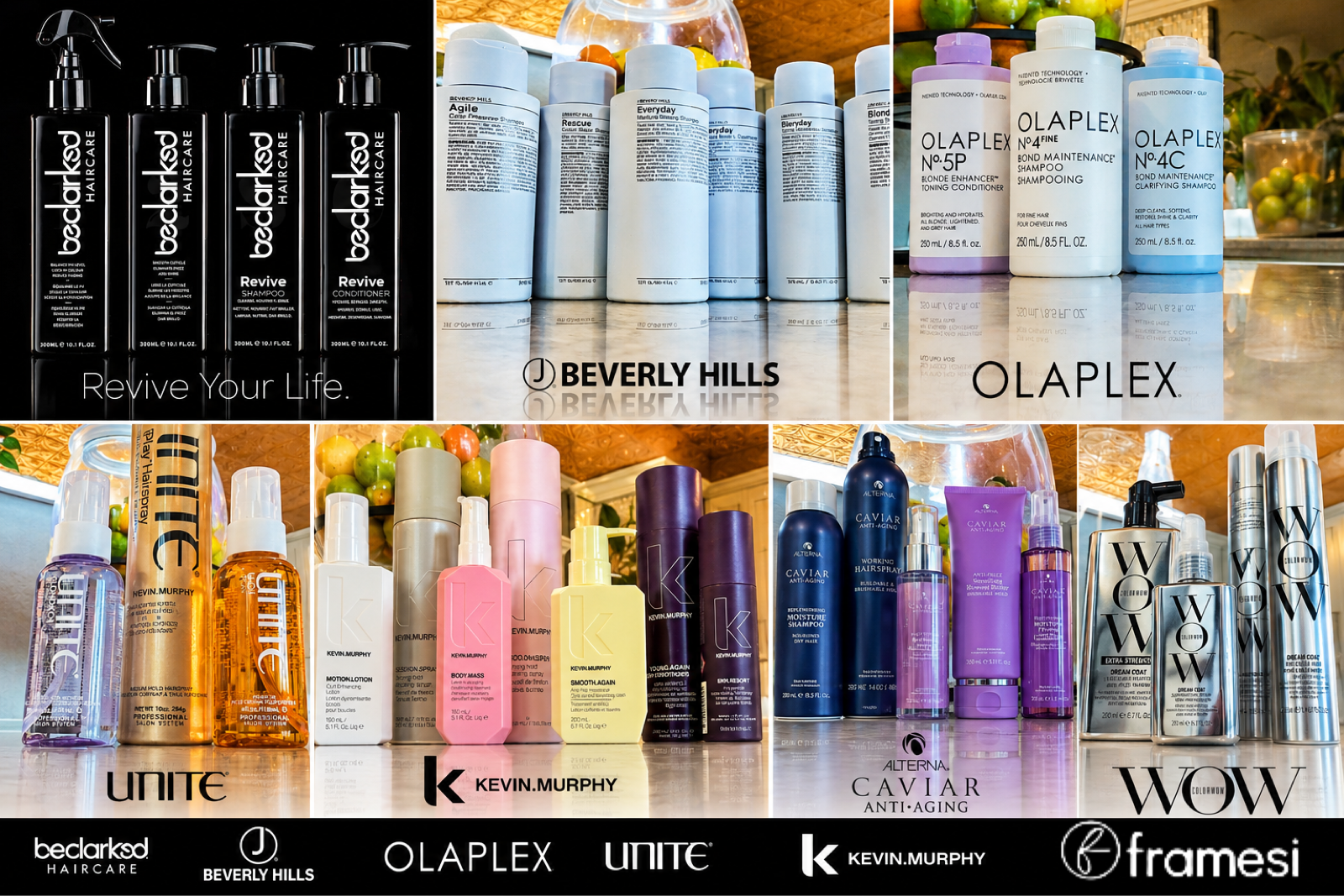 A collage of various hair care and beauty products, including shampoos, conditioners, styling sprays, and treatments from brands like Beclerked, Beverly Hills, Olaplex, Kevin.Murphy, Caviar, and WOW, displayed on a table with a fruit bowl in the background.