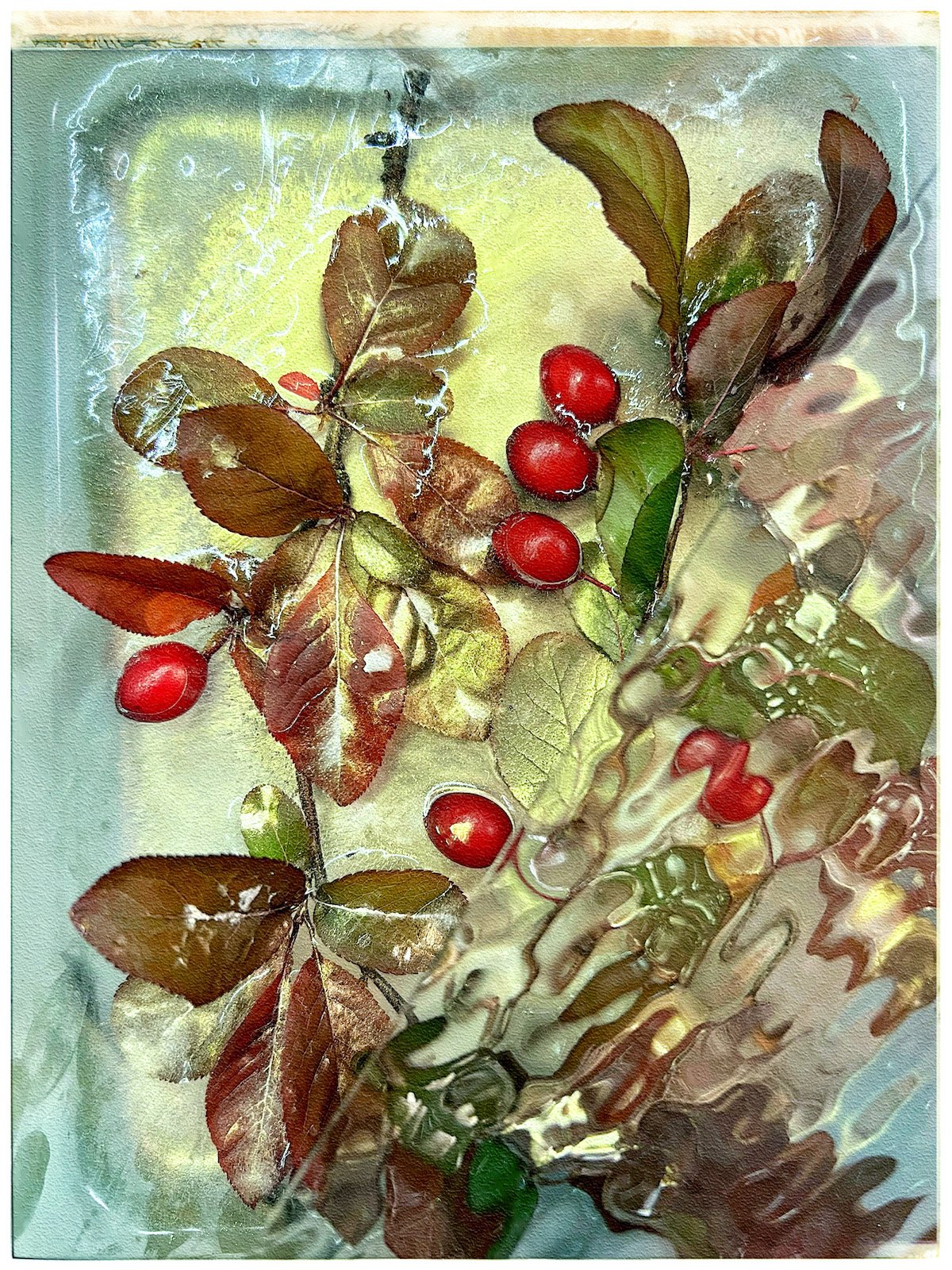 Spring berries in iced malachite through wavy glass