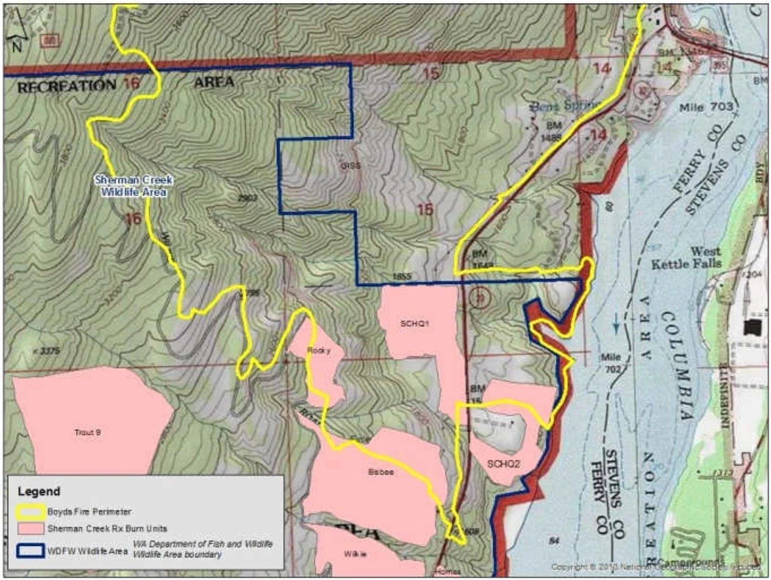 The yellow line in the map above indicates Boyds Fire's footprint, it burned 4,712 acres in total. The pink areas show where the Washington Department of Fish and Wildlife previously treated the forest with prescribed burns. The blue line is the wildlife area boundary. (Washington Department of Fish and Wildlife image)