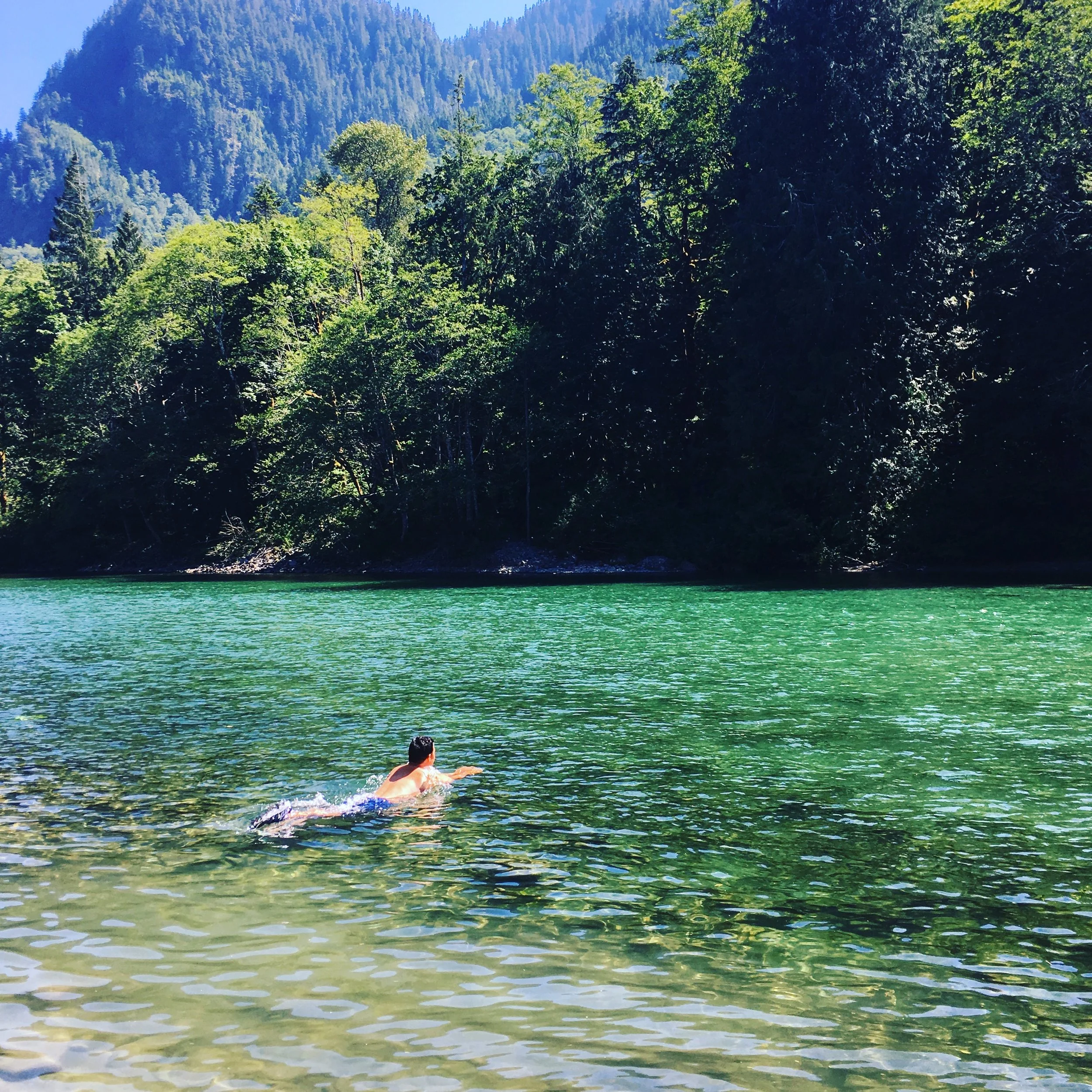 Skykomish River, directly in front of the cabin in August