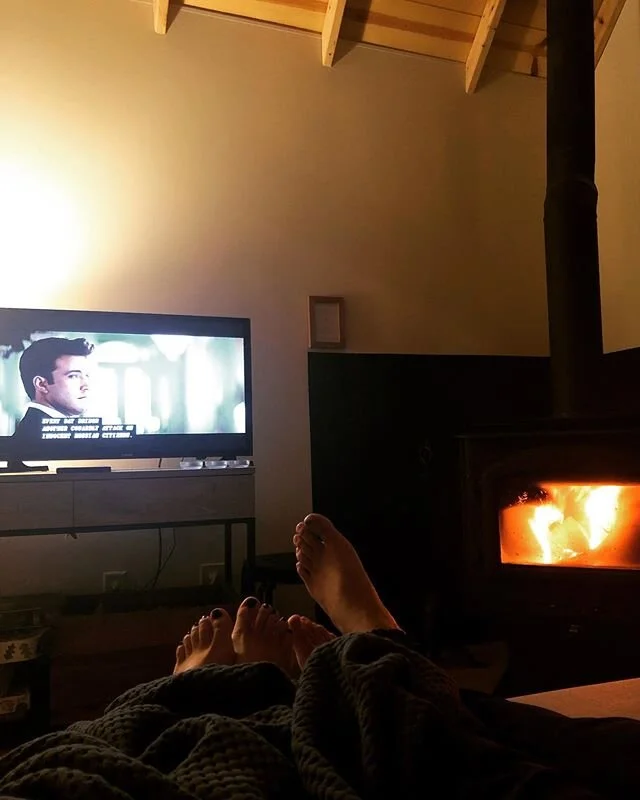 90s movie on DVD, a roaring fire, and sleeping kids. Another cozy night @southforkcabin.