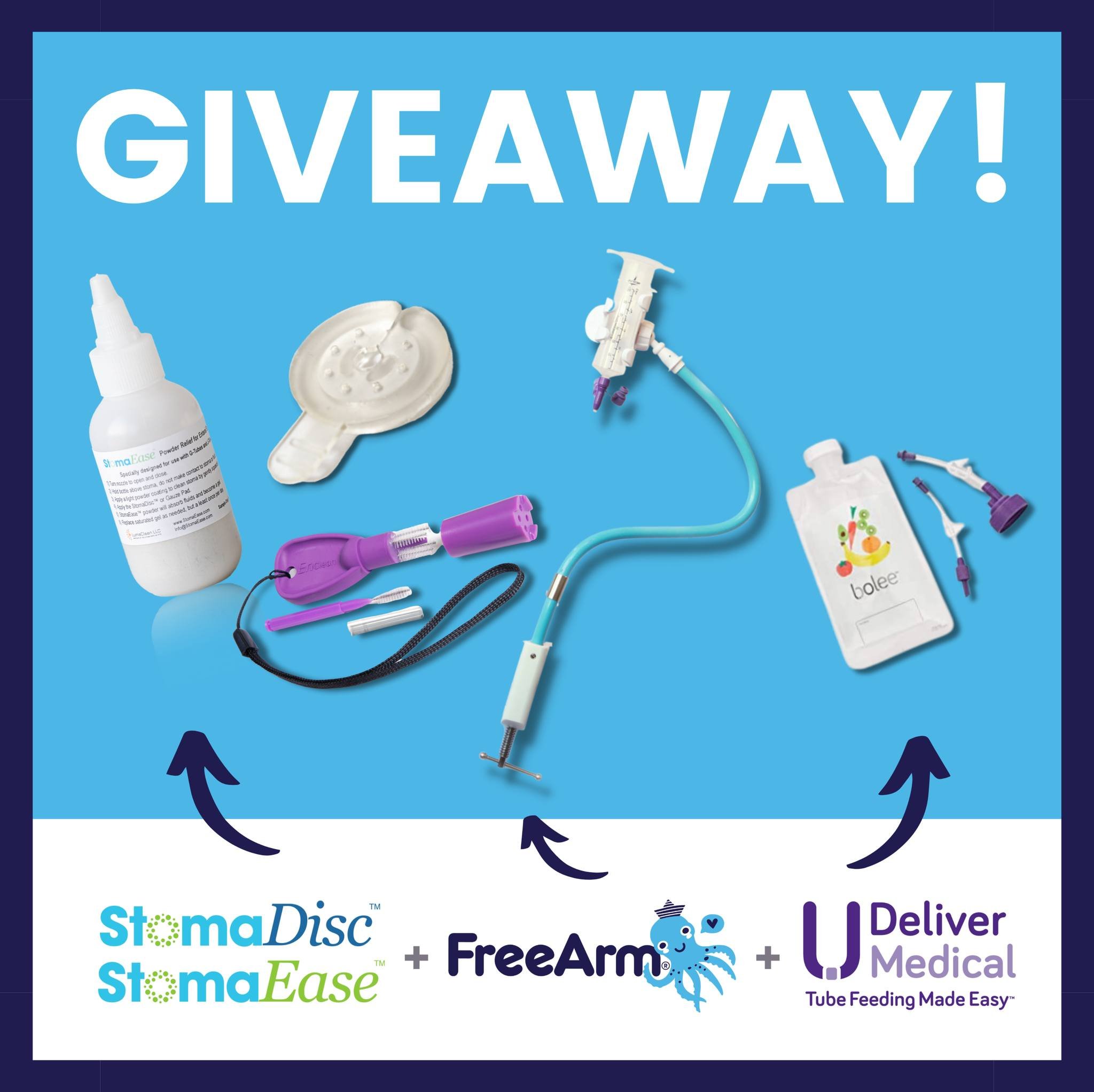 We are excited about this awesome giveaway with @udelivermedical, @lumacleancares, and @freearm.tube.feeding.assistant!

One lucky winner will win a FreeArm in the color of their choice, an EnClean Brush, a bottle of StomaEase &amp; a StomaDisk, 5 Bo