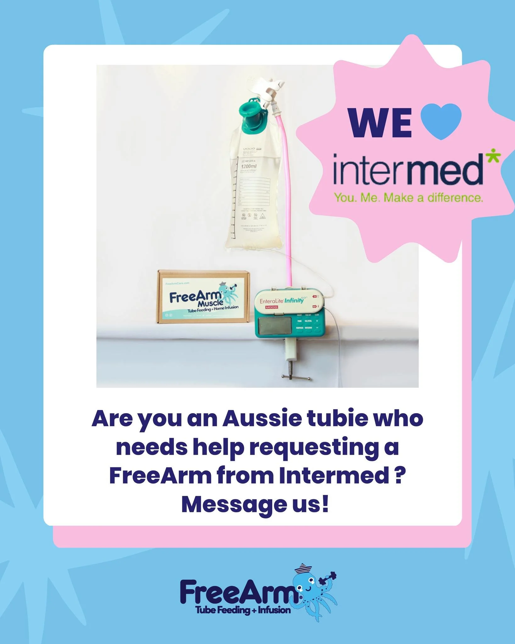 Attention Aussie and New Zealand tubie families: InterMed Medical is proud to provide the FreeArm to all Tubies down under! They will also work with you to have the FreeArm covered with NDIS funds.

🇳🇿🇦🇺

Contact InterMed today to order your Free