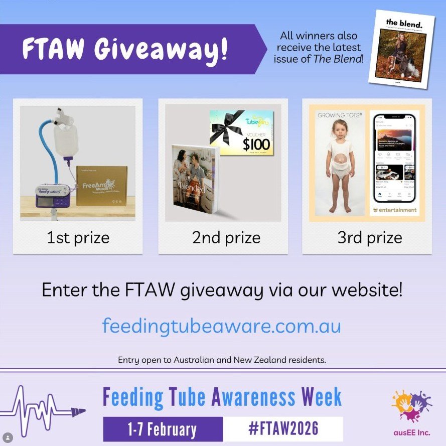 Feeding Tube Awareness Week 2026 Giveaway!

Celebrate Feeding Tube Awareness Week with us and you could win amazing prizes thanks to @freearm.tube.feeding.assistant, @tubiefunau, @blendedbysarah.au, @growingtots.clothing, @entertainment_anz, and @the